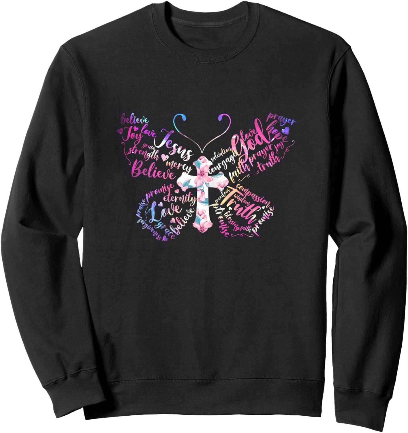 Butterfly Prayer Jesus Christian Cross Floral Pattern Sweatshirt - Sweatshirt | Black