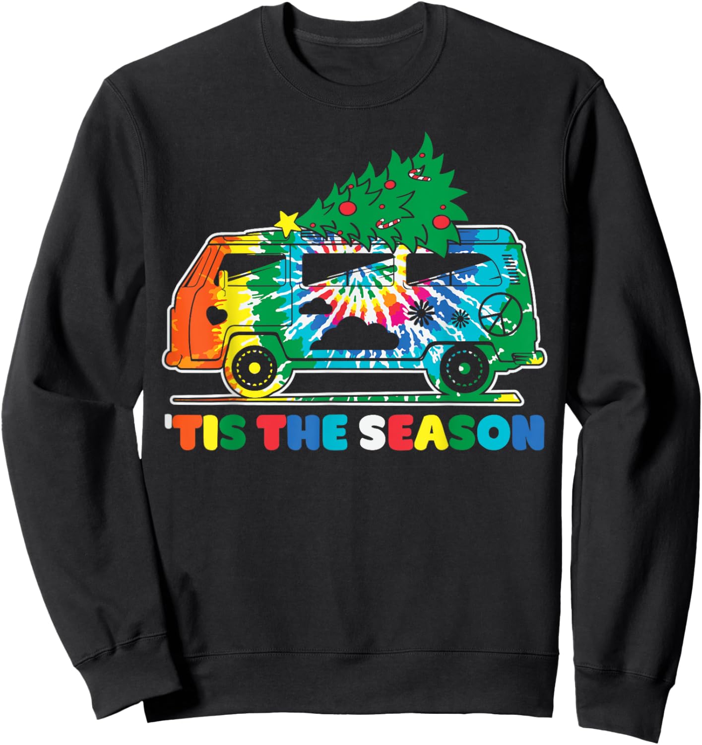 Groovy PEACE LOVE XMAS Hippie Santa Claus Funny Christmas Sweatshirt - Sweatshirt | Black