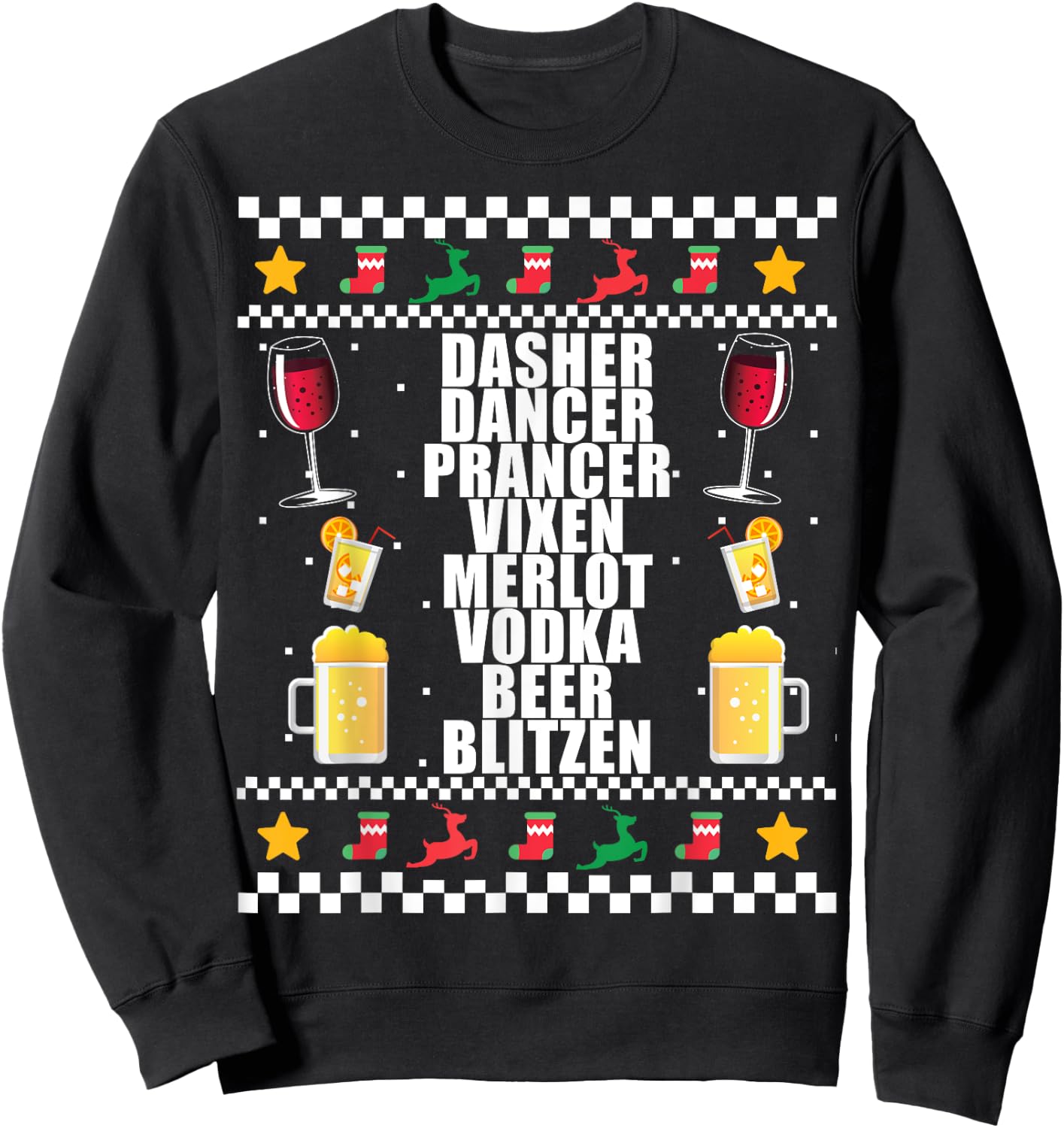 DASHER VODKA BLITZEN Alcohol Reindeer Ugly Christmas Sweater Sweatshirt - Sweatshirt | Black