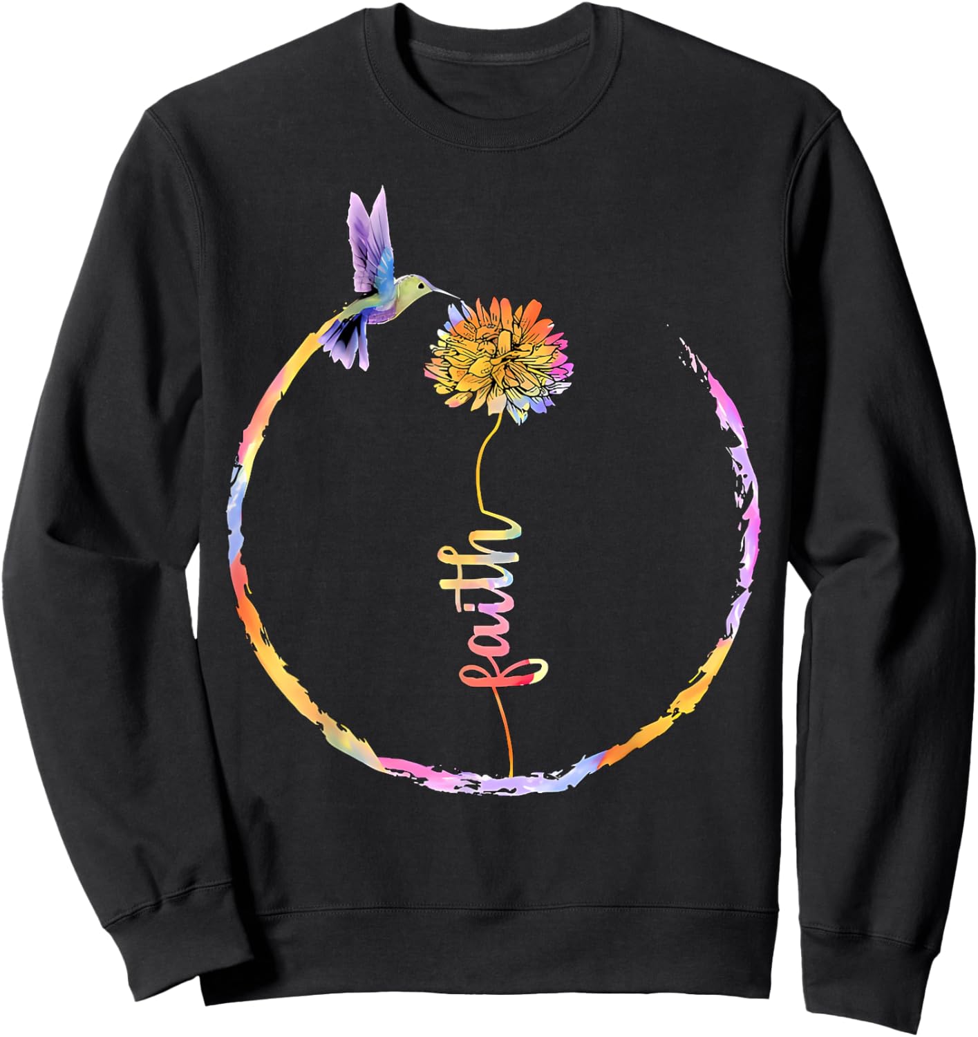 Watercolor Faith Bird Flower Hummingbird Christian Religious Sweatshirt - Sweatshirt | Black
