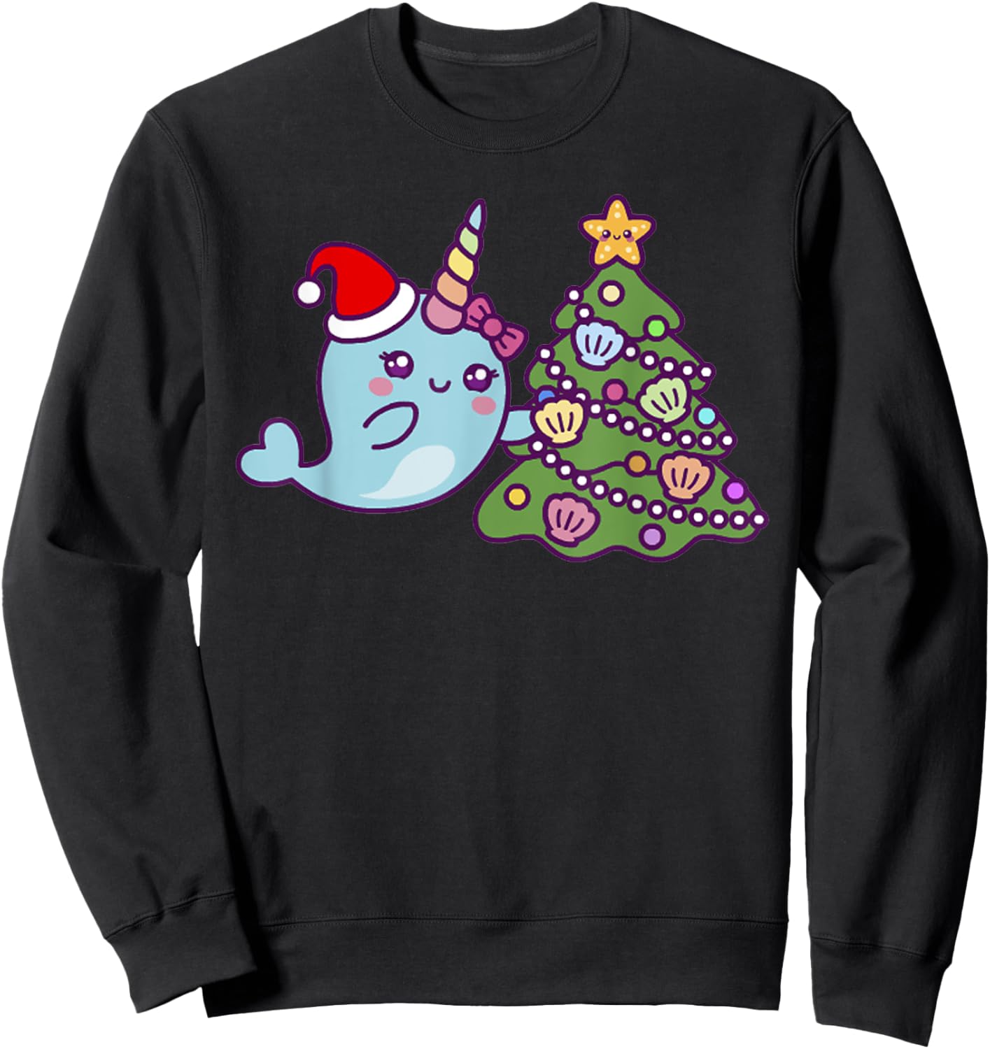 Merry Christmas Cute Unicorn Narwhal Christmas Santa Hat Sweatshirt - Sweatshirt | Black