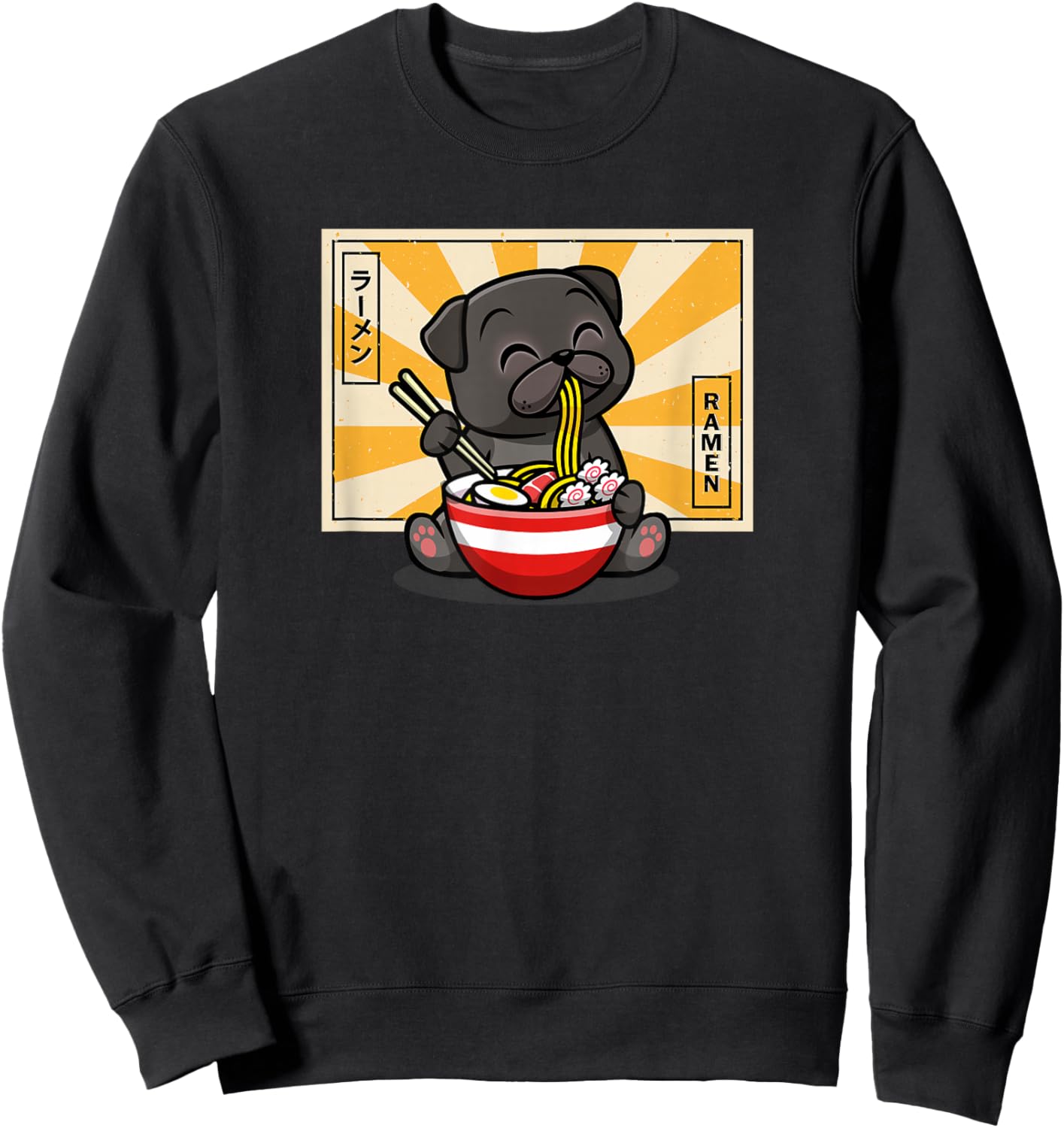 Funny Cartoon Japanese Kawaii Kids Ramen Black Pug Lover Sweatshirt - Sweatshirt | Black