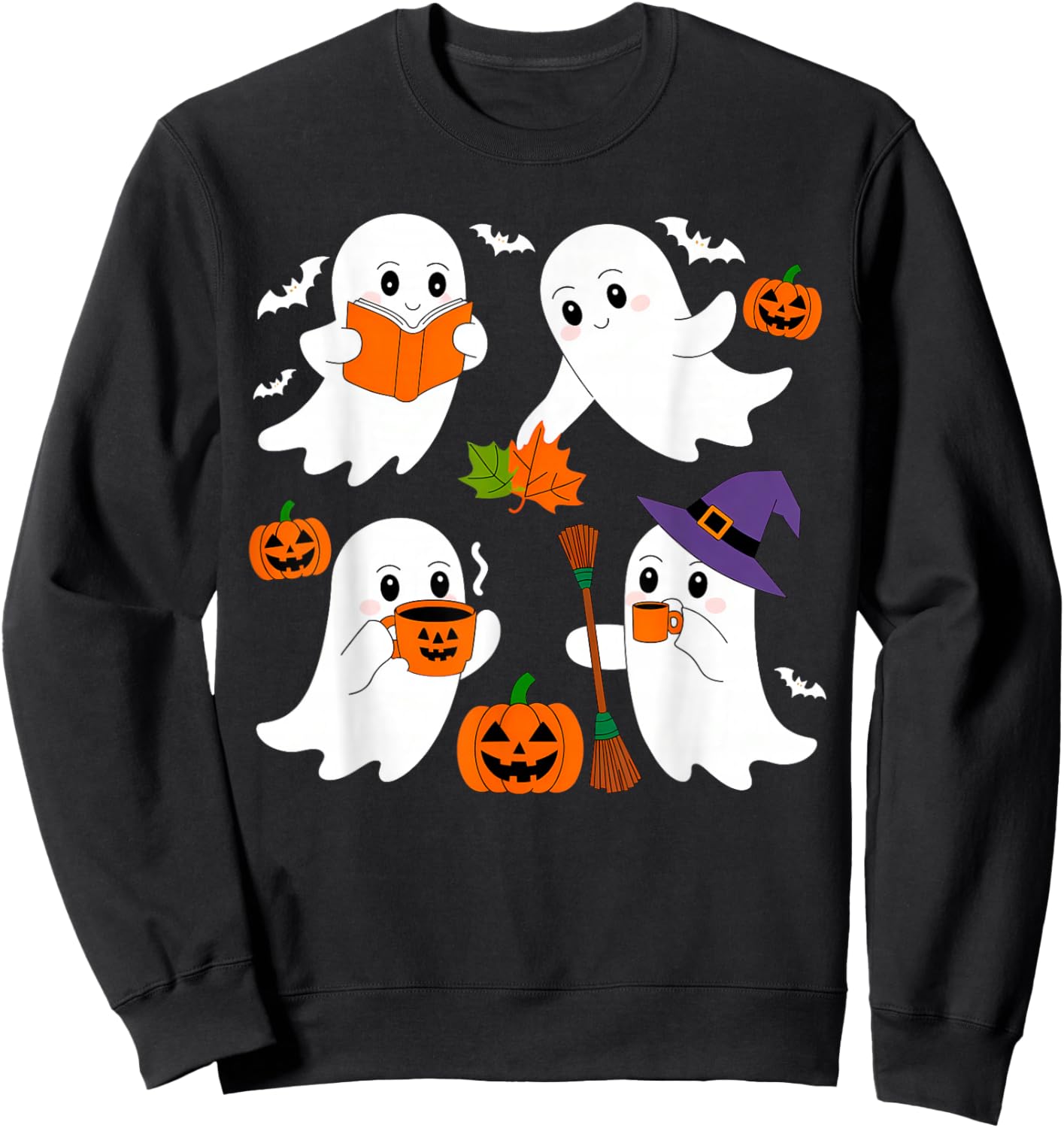 Cute Ghost Drinking Coffee Halloween Fall Ghost Book Reading Sweatshirt - Sweatshirt | Black