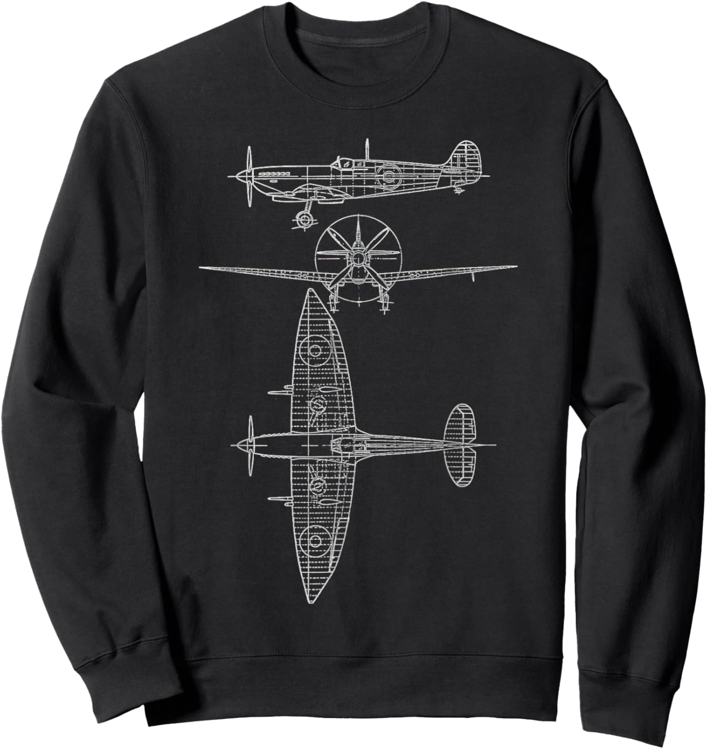 Spitfire Iconic British Airplane Blueprint Design Sweatshirt - Sweatshirt | Black