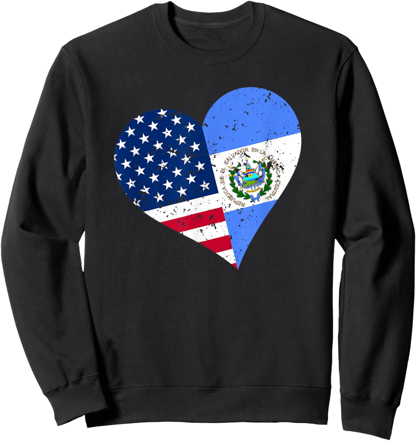 El Salvador USA Heart Distressed Salvadorian American Flag Sweatshirt - Sweatshirt | Black