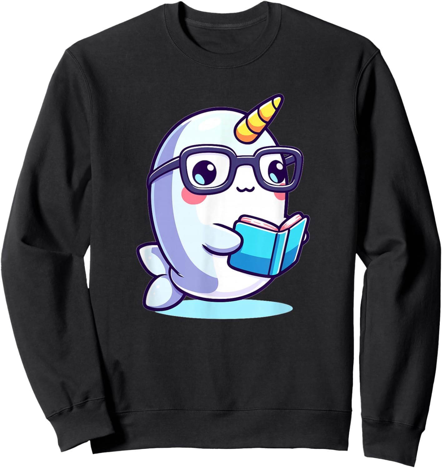 Adorable Book Lover Narwhal With Reading Glasses Cute Sweatshirt - Sweatshirt | Black