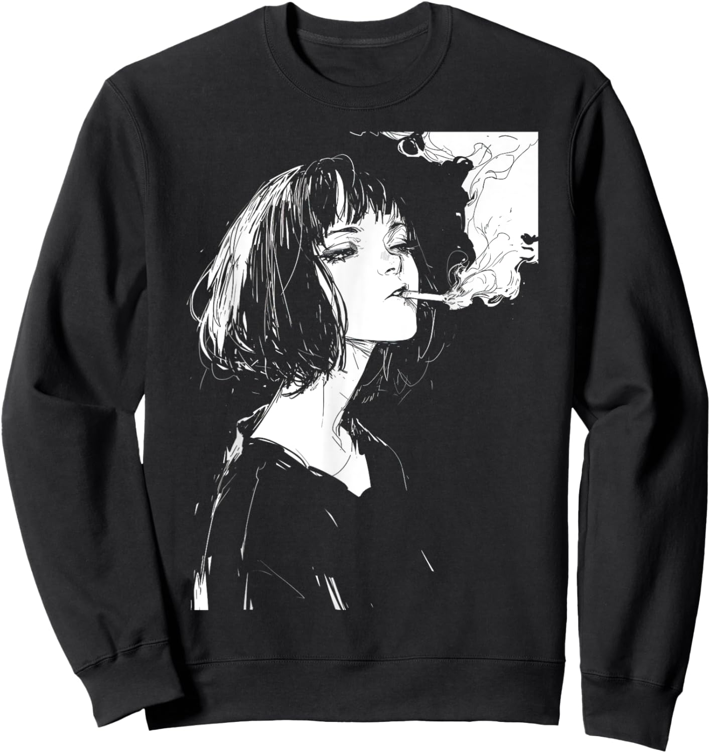 Soft Grunge Kawaii Anime Girl Smoking Waifu Otaku Japanese Sweatshirt - Sweatshirt | Black
