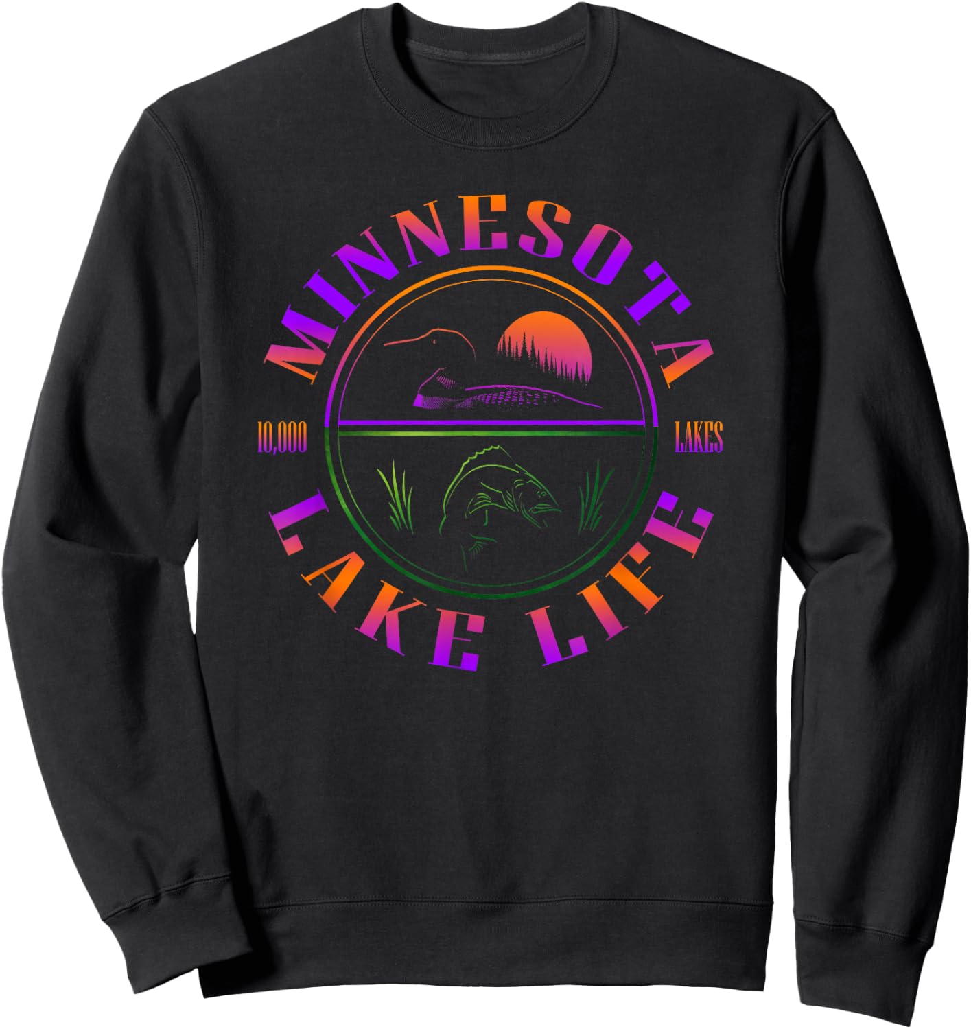Minnesota Lake Life with Loon, Walleye, and Sunset Sweatshirt - Sweatshirt | Black