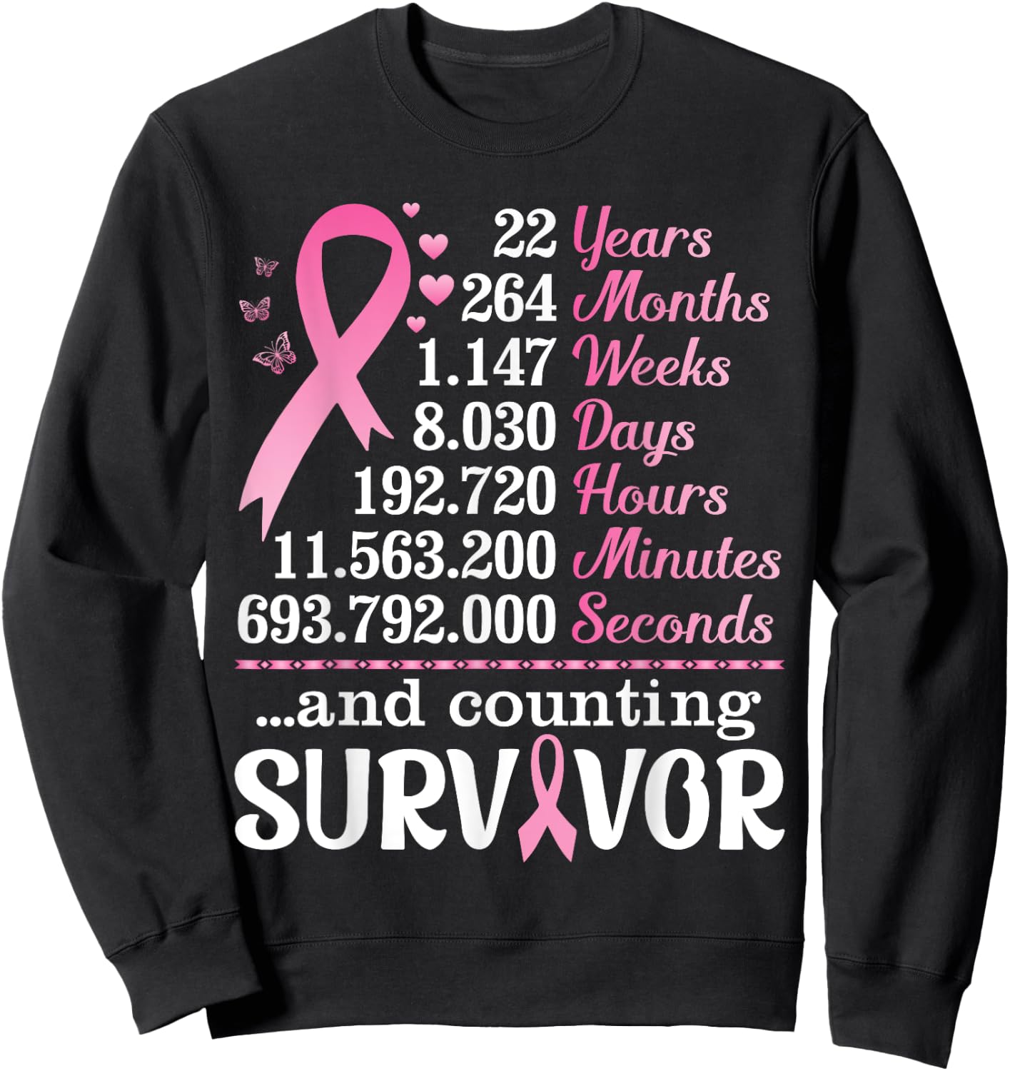 22 Years 264 Months Fighting Breast Cancer Counting Survivor Sweatshirt - Sweatshirt | Black