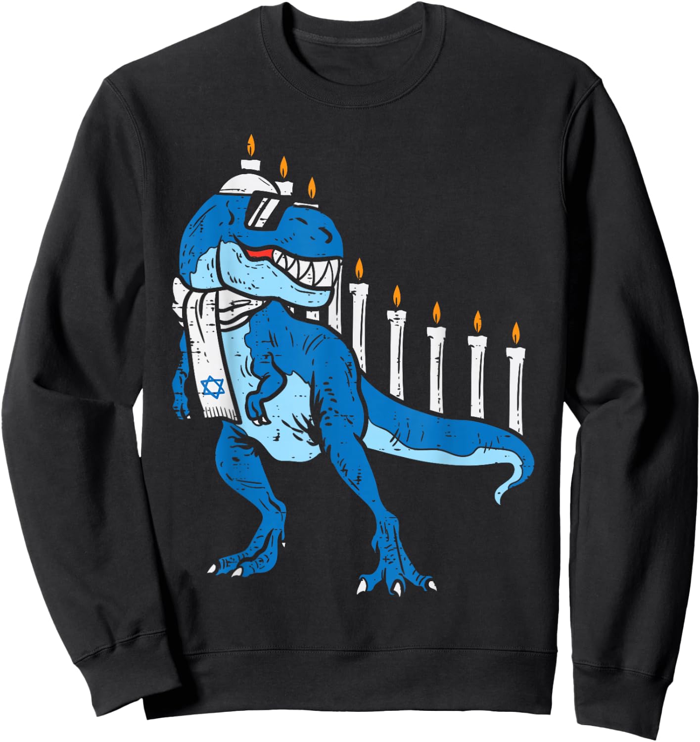 BoredKoalas Hanukkah Shirts Jew Chanukah Gifts Trex Dinosaur Menorah Kids Boys Black Short Sleeve Classic Fit Cotton Polyester Sweatshirt - Sweatshirt | Black