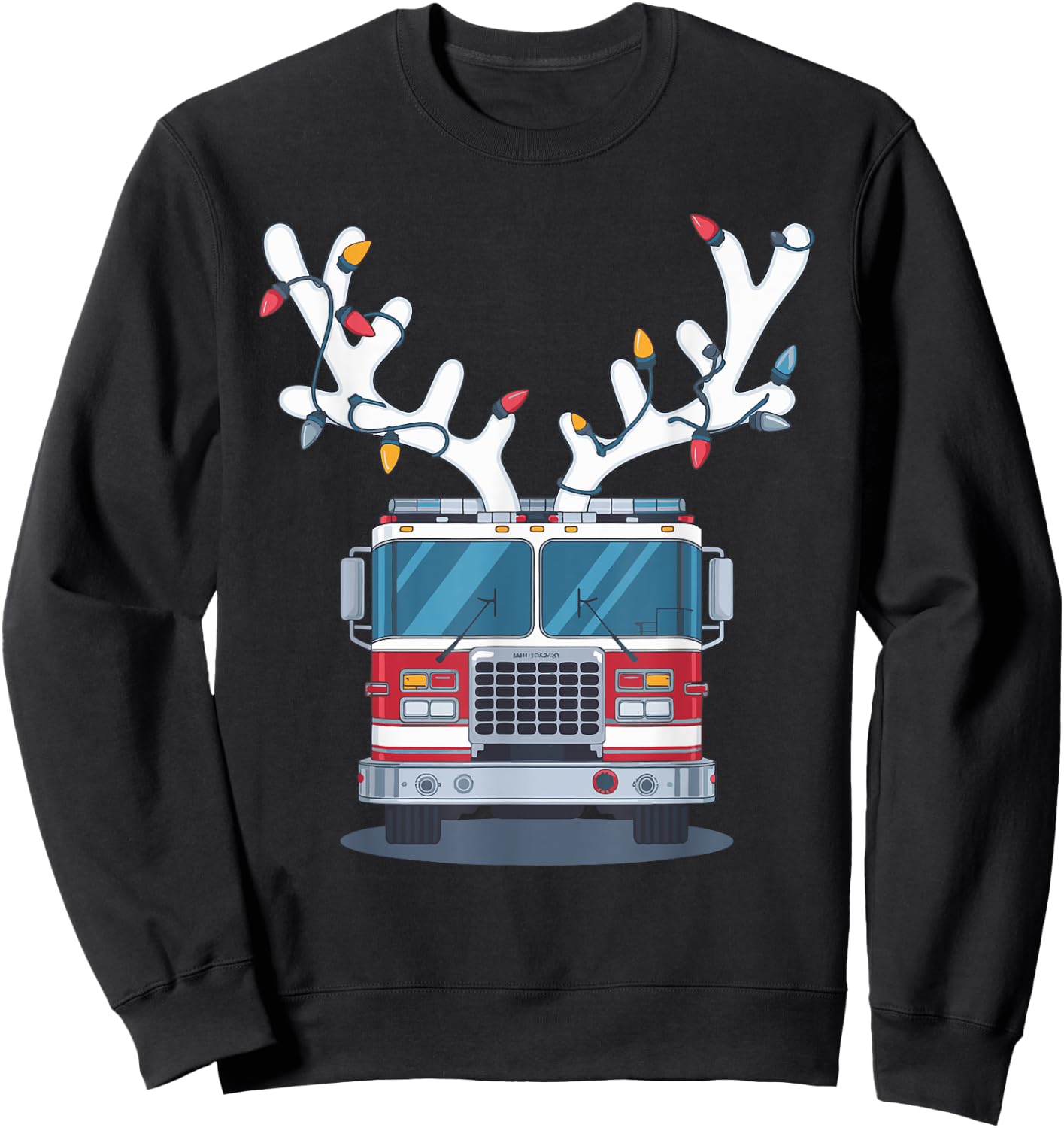 Christmas Firetruck Firefighter Xmas -Adult , Black, Small, Short Sleeve Sweatshirt - Sweatshirt | Black