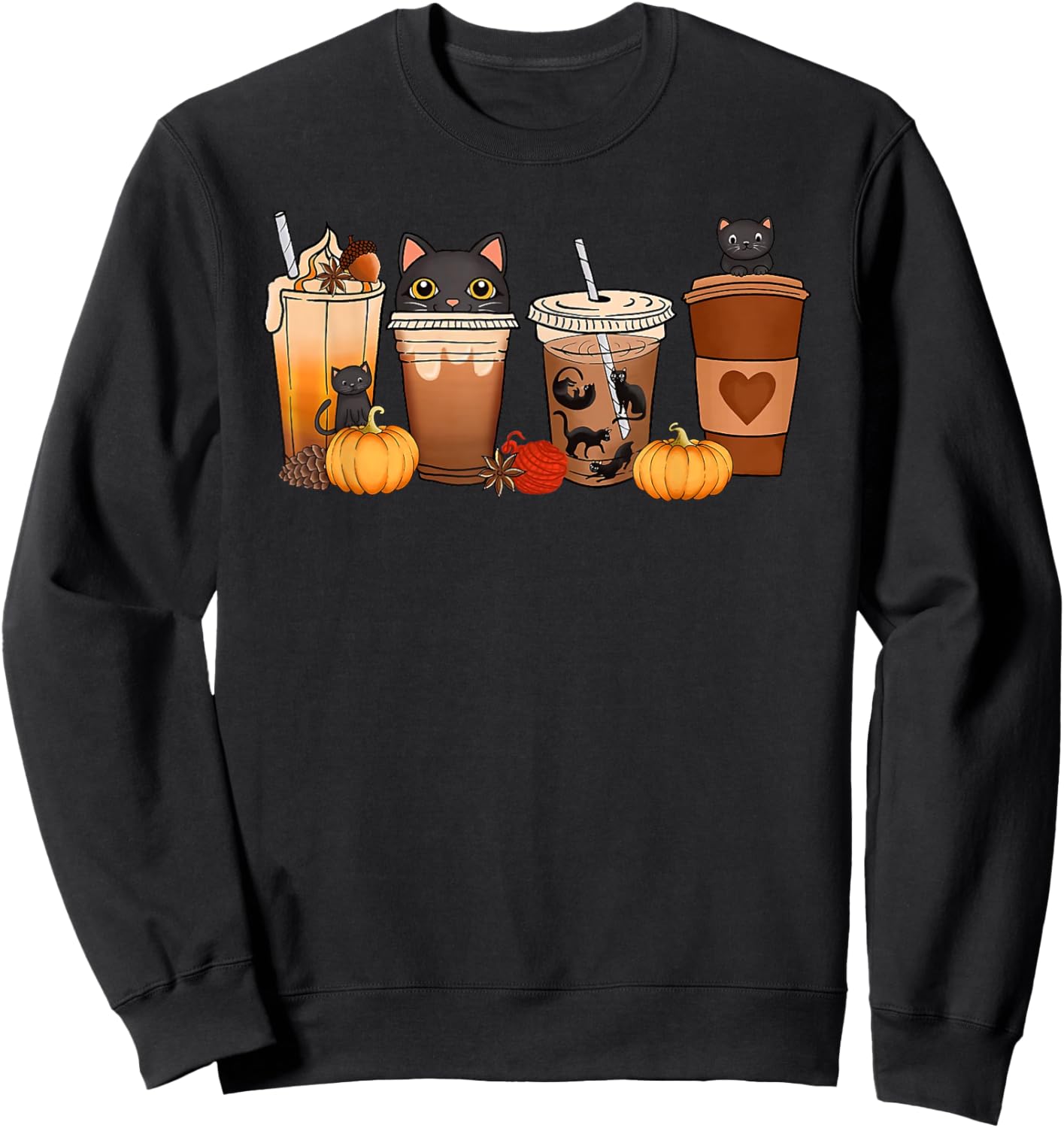 Black Cat Halloween Iced Coffee Cups Fall Pumpkin Kitten Women Kids Sweatshirt - Sweatshirt | Black