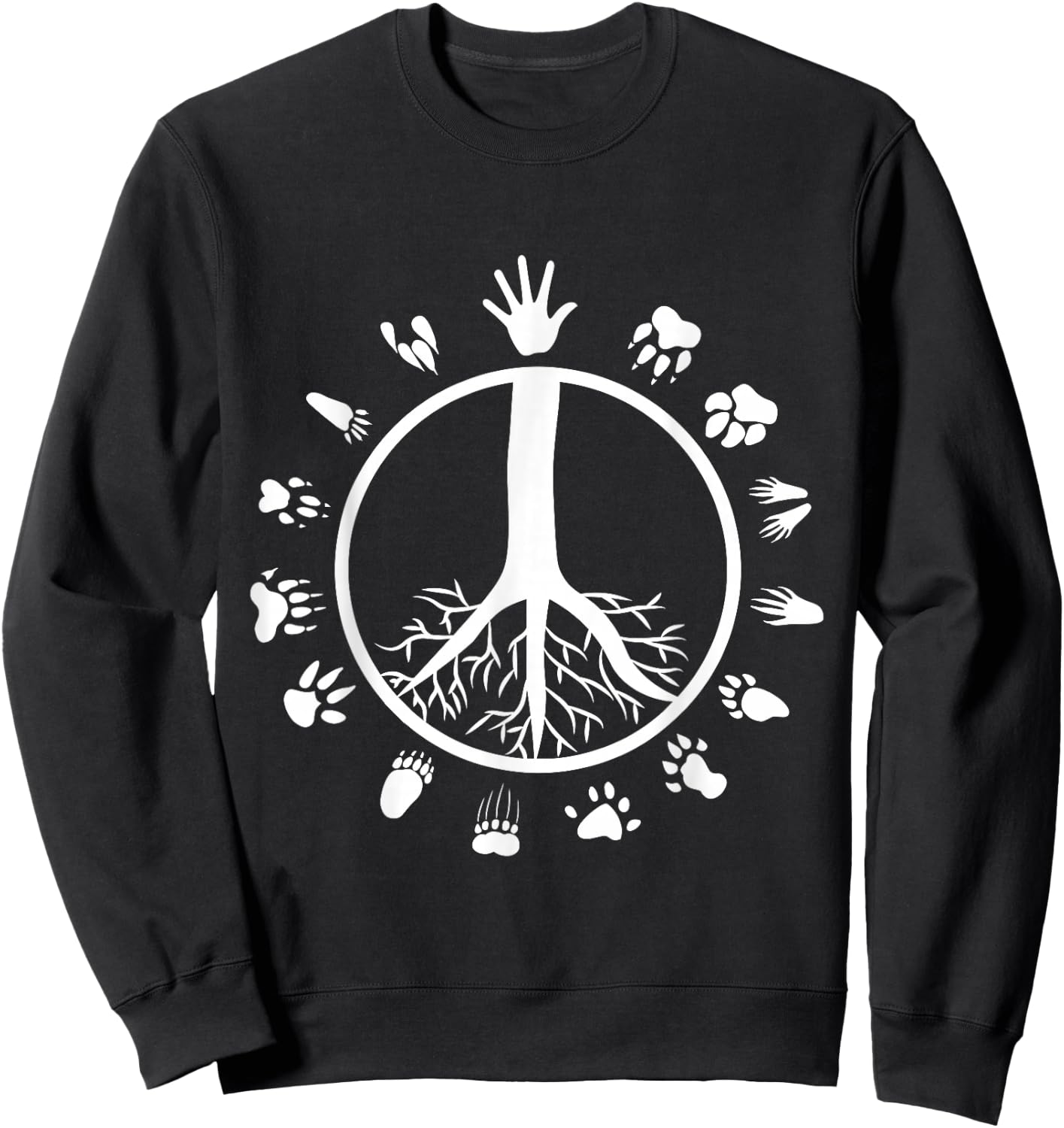 Peace Sign Tree Roots Animal Footprints Vegan Sweatshirt - Sweatshirt | Black