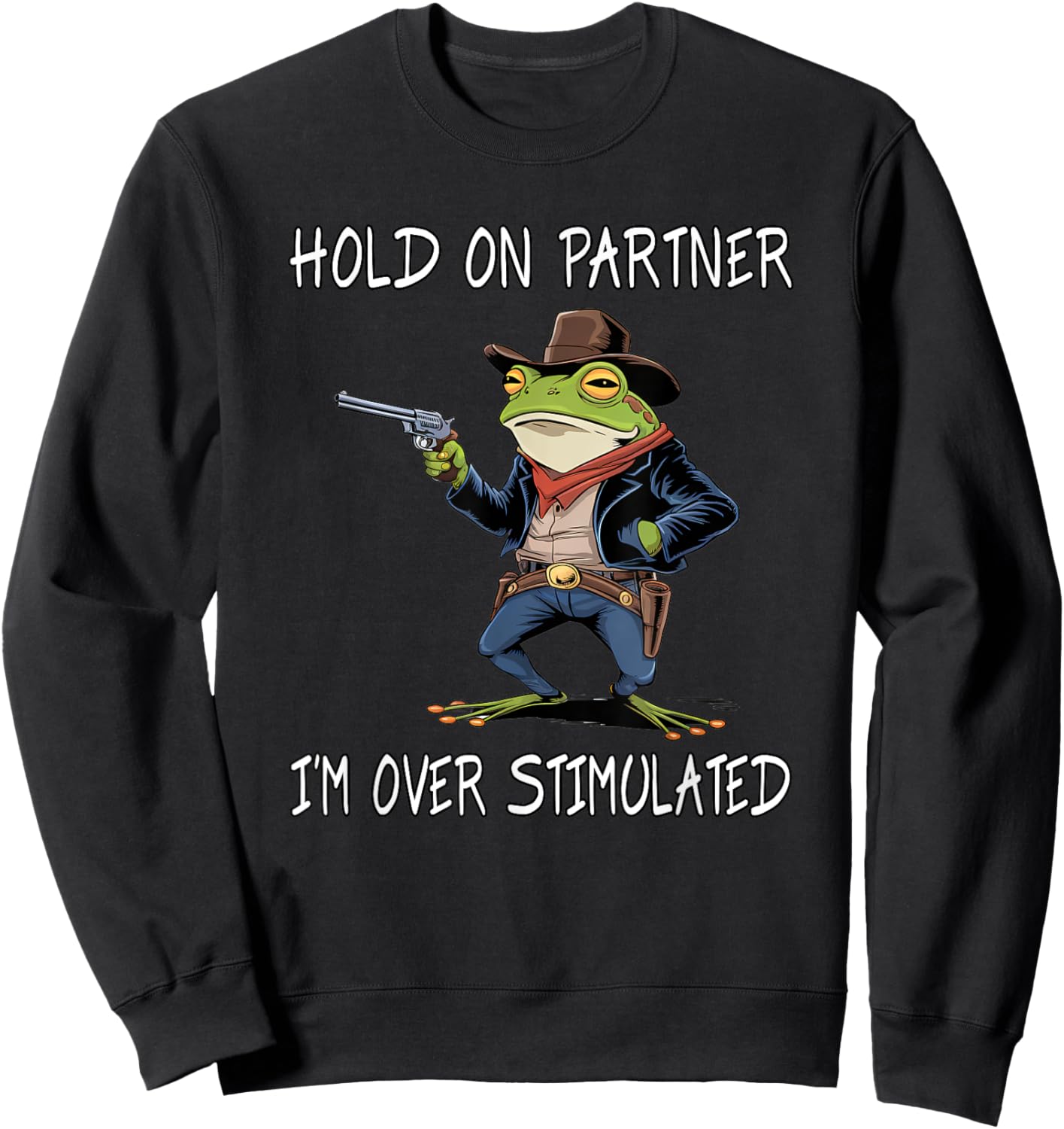 Hold On Partner I'm Over Stimulated Funny Frog Sweatshirt - Sweatshirt | Black