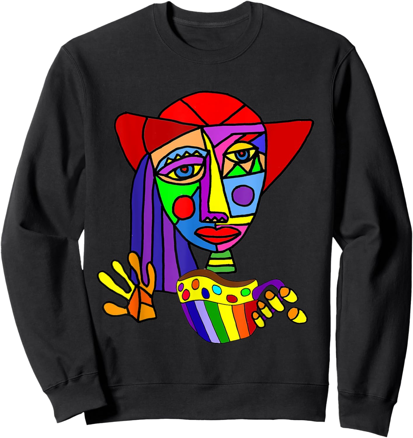 Smileteesfunny Funny Woman Drinking Coffee Cubism Art Sweatshirt - Sweatshirt | Black