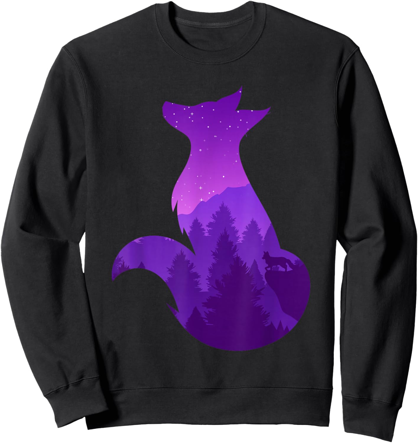 Night Wildlife Animal Galaxy Forest Nature Trees Stars Fox Sweatshirt - Sweatshirt | Black