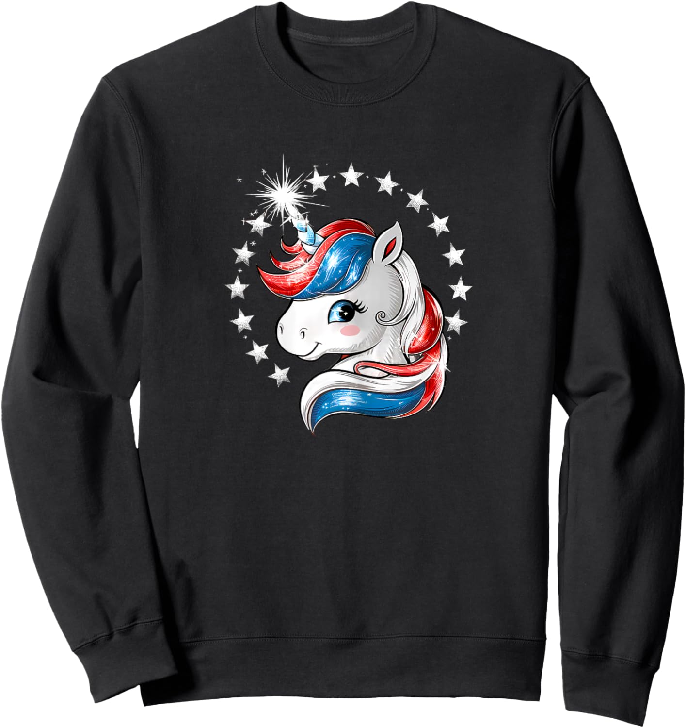 Patriotic Unicorn 4th of July Red White Blue Stars Girls Sweatshirt - Sweatshirt | Black