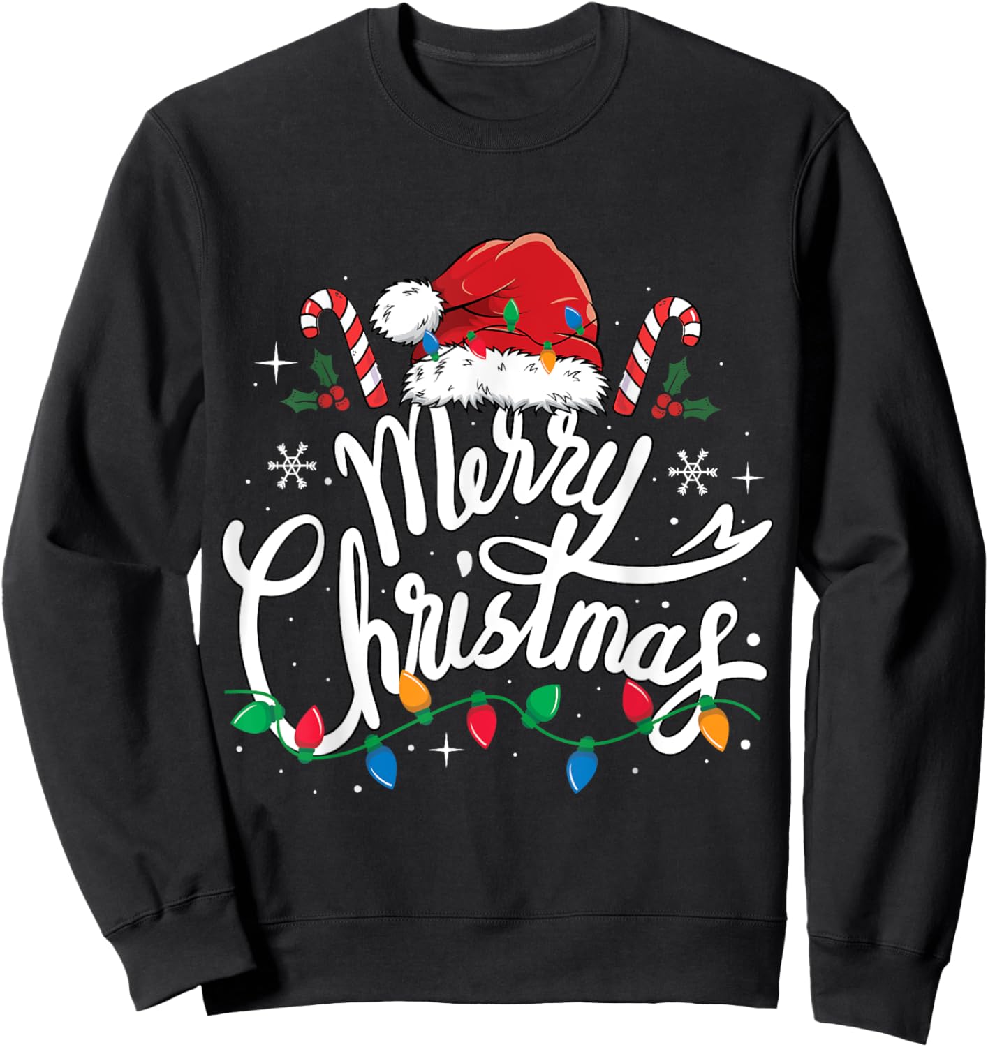 Merry Christmas Lights Red Santa Hat Xmas Family Men Women Sweatshirt - Sweatshirt | Black