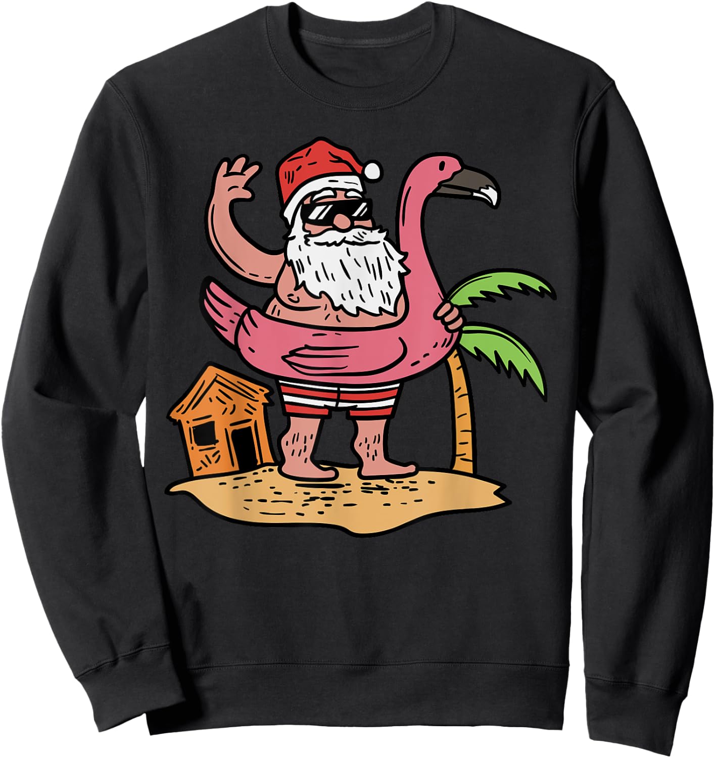 Summer Santa Flamingo Floater Funny Christmas In July Gift Sweatshirt - Sweatshirt | Black