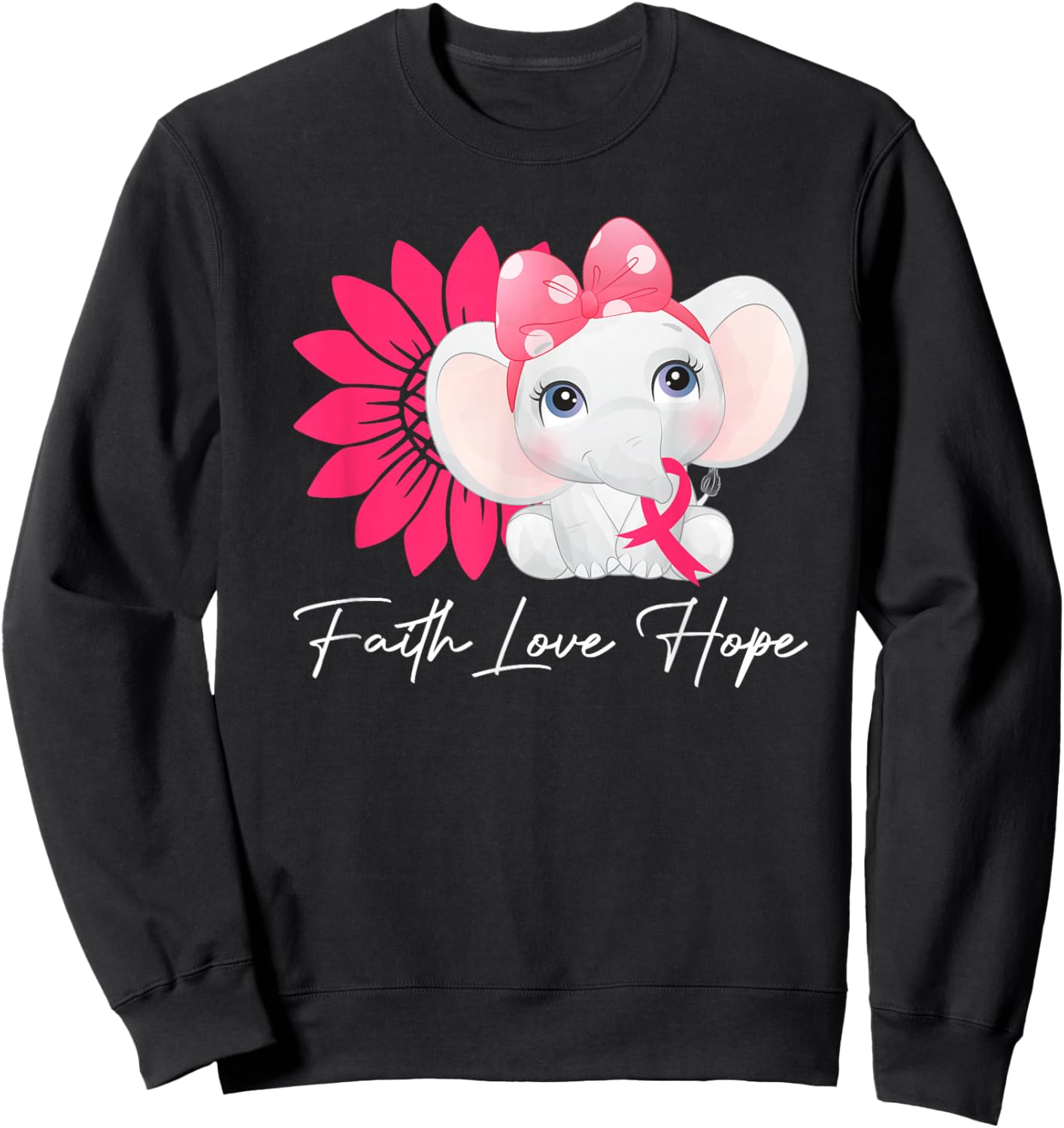 Breast Cancer Cute Elephant With Sunflower and Pink Ribbon Sweatshirt - Sweatshirt | Black