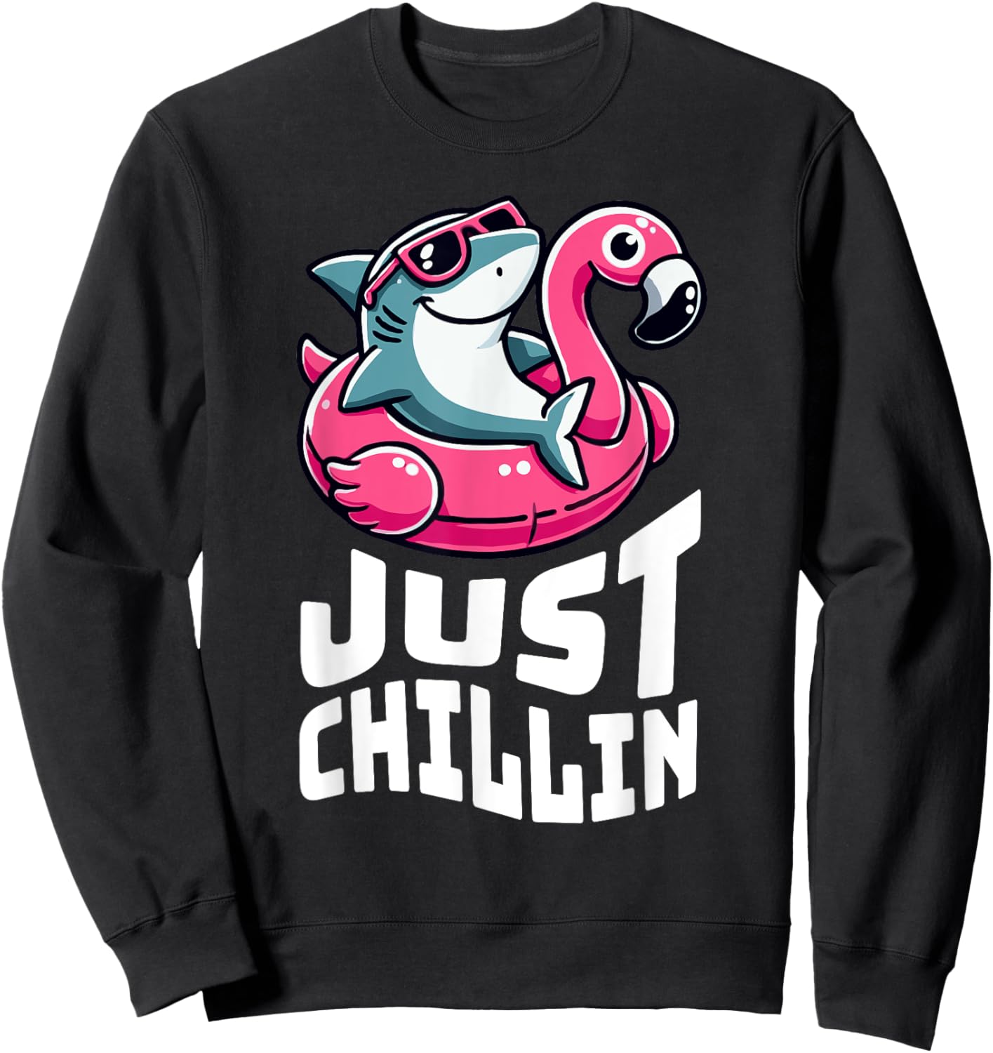 Funny Shark Just Chillin on Flamingo Float Sweatshirt - Sweatshirt | Black