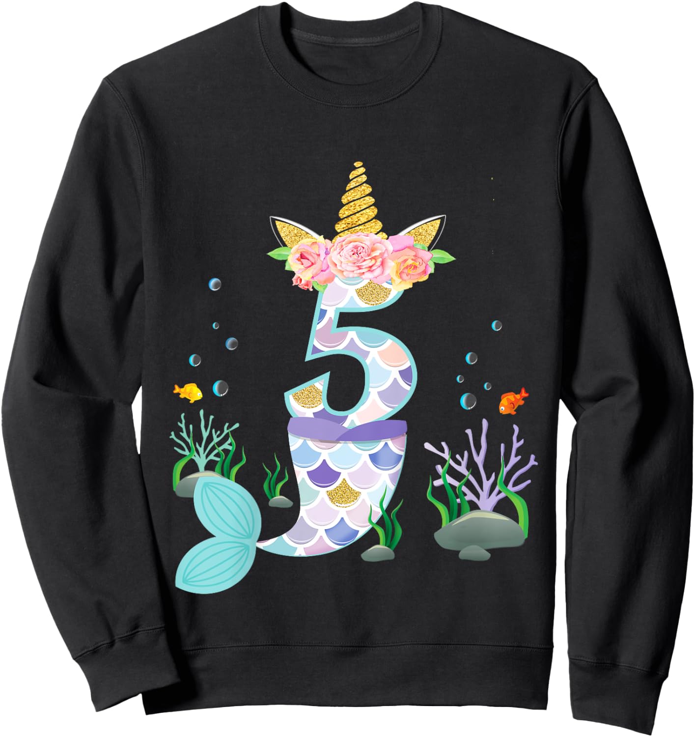 5 Year Old Unicorn Mermaid Birthday Theme Tail Girl 5th Gift Sweatshirt - Sweatshirt | Black