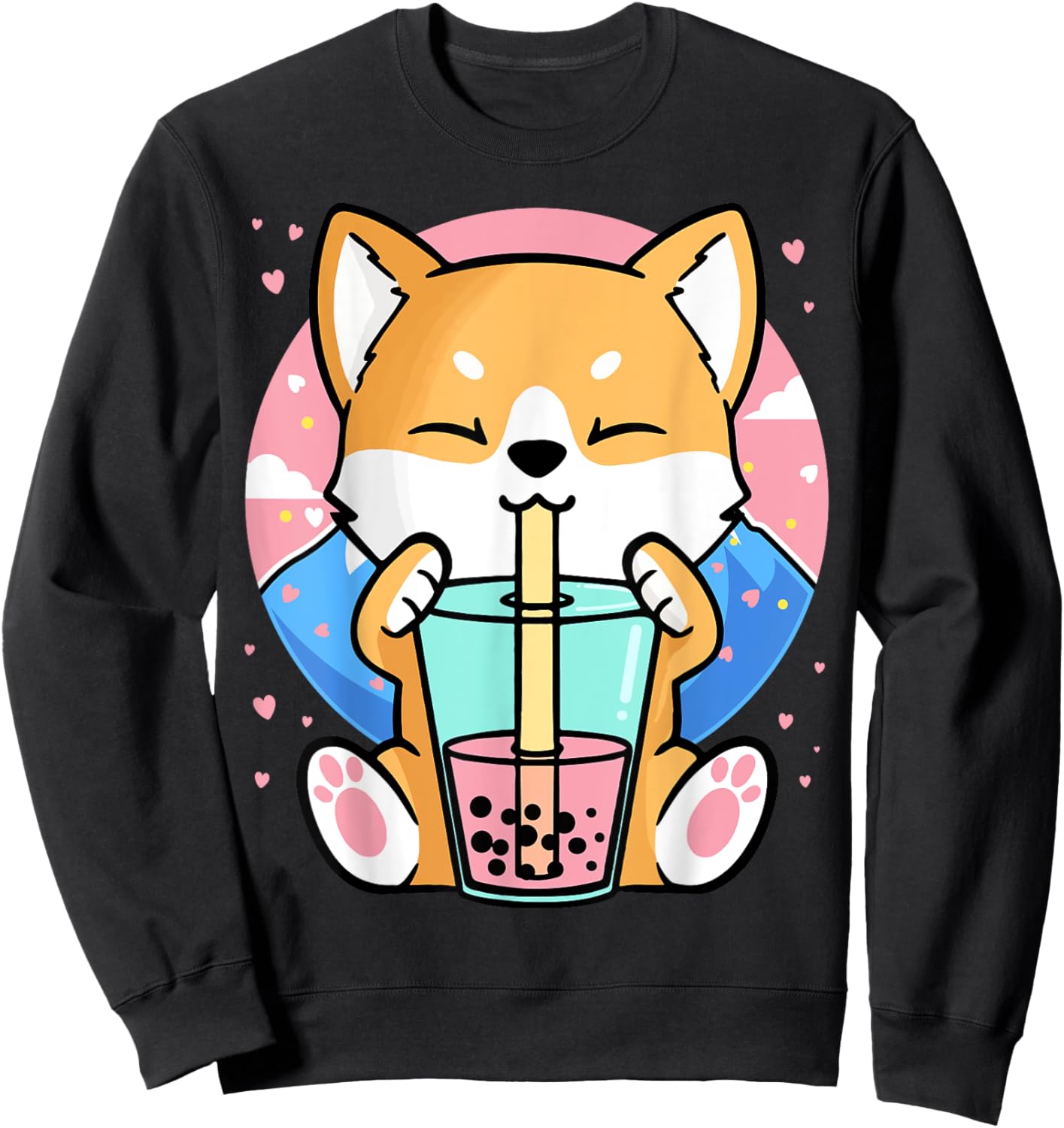 Kawaii Corgi Dog Bubble Tea Boba Anime Neko Japanese Women Girls Kids Sweatshirt - Sweatshirt | Black