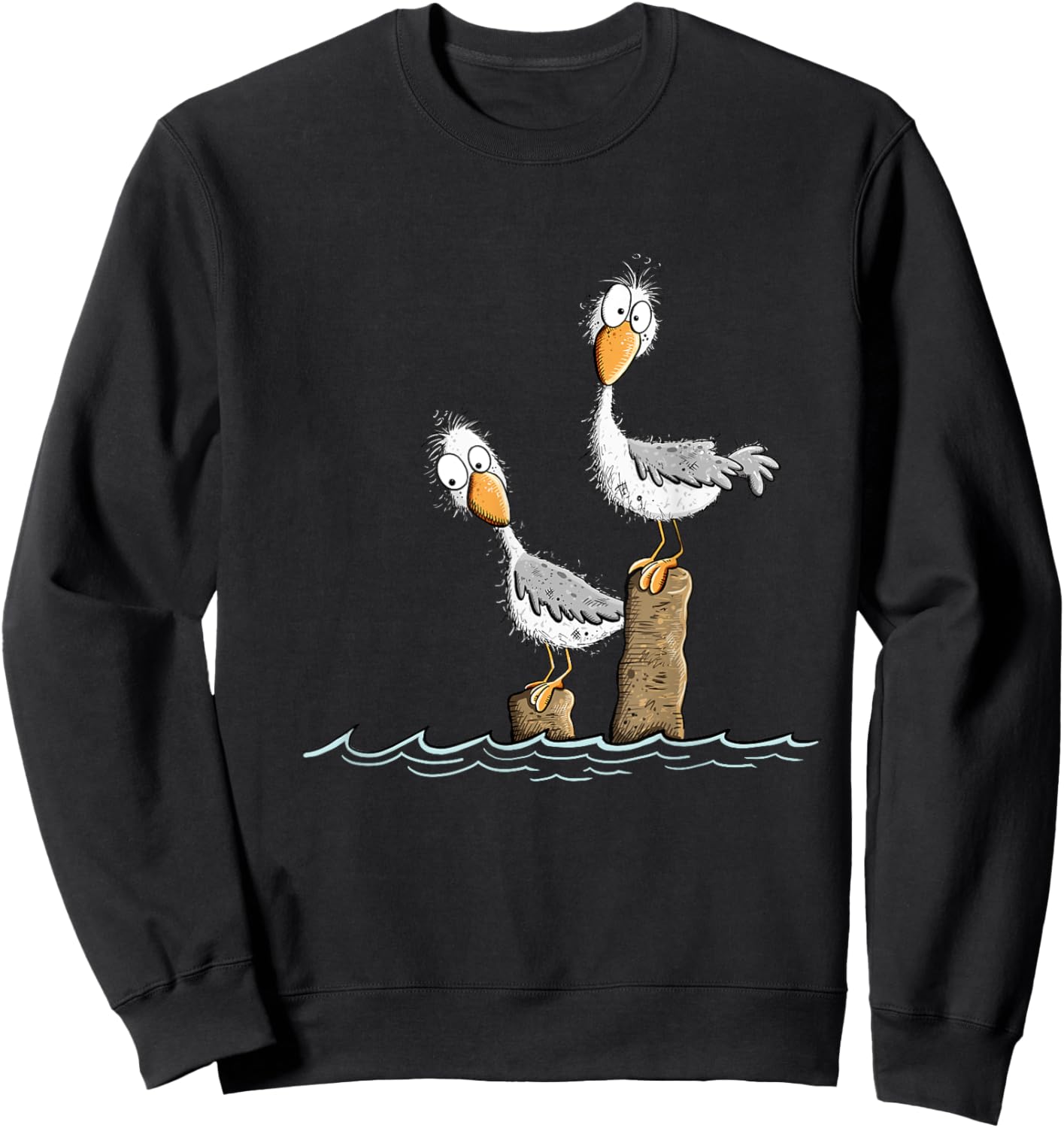 Funny Gulls on the Wharf Design Cartoon Sea Bird , Black, S Sweatshirt - Sweatshirt | Black