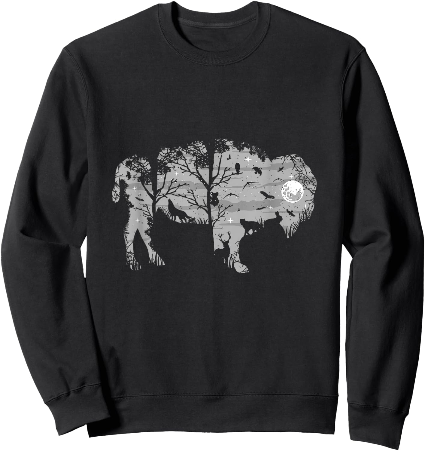 Forest Moon Bison Silhouette Wild Animals American Buffalo Sweatshirt - Sweatshirt | Black