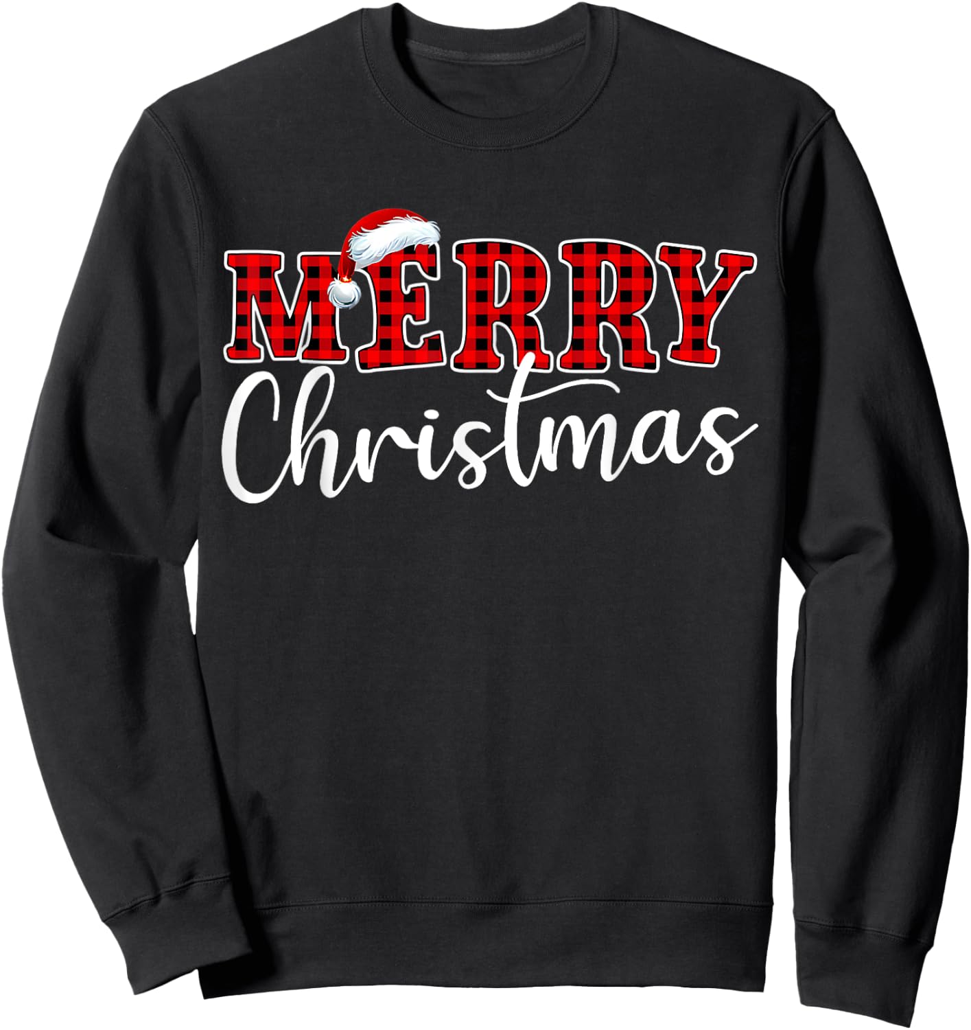 Merry Christmas Buffalo Plaid Red Santa Hat Xmas Pajamas Sweatshirt - Sweatshirt | Black