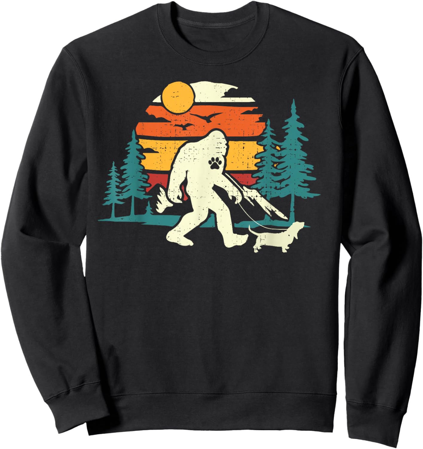 Retro Bigfoot Walking Basset Hound Dog Walker Sasquatch Women Girls Kids Sweatshirt - Sweatshirt | Black