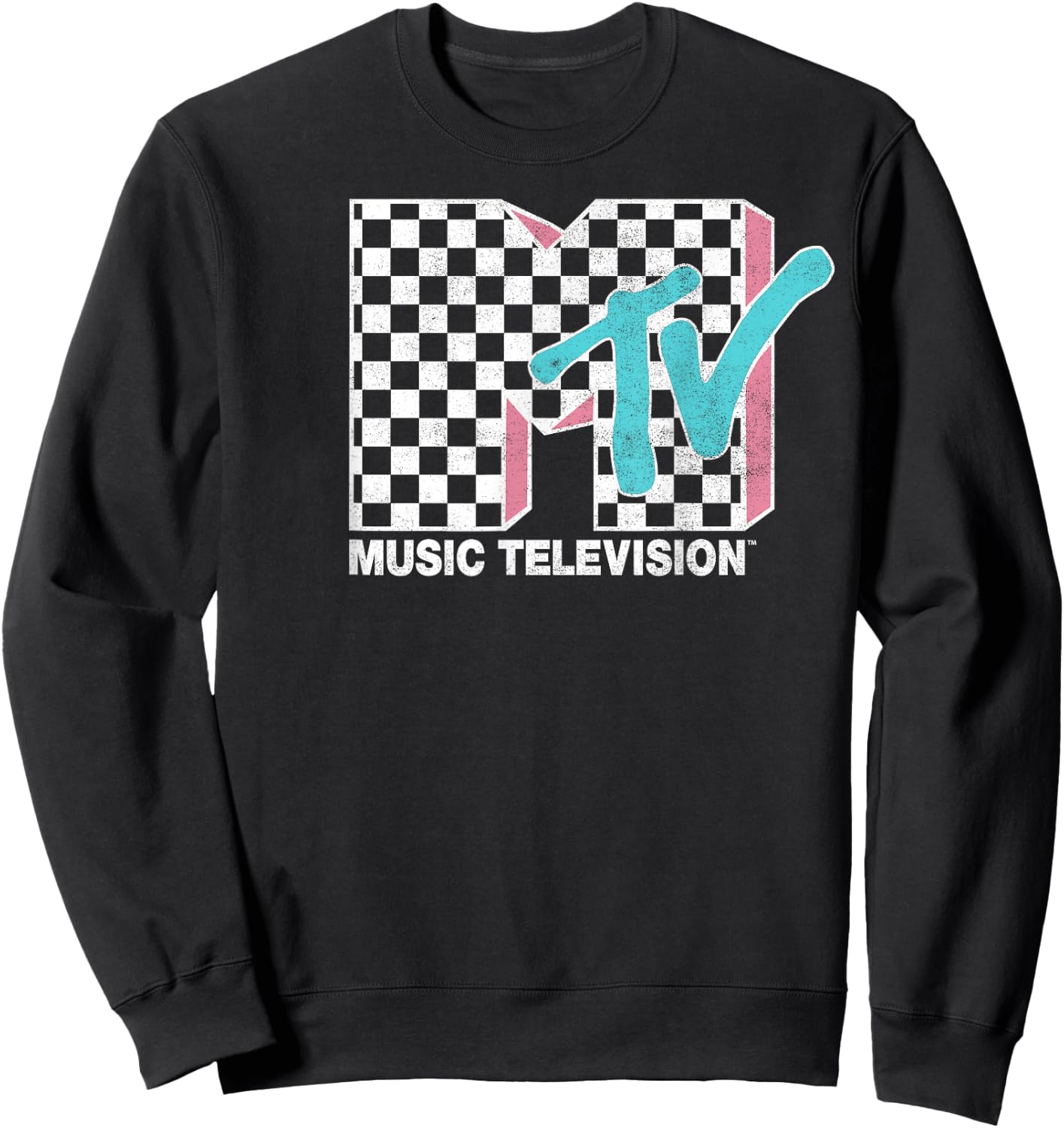 MTV Neon Distressed Checkered Logo Graphic Sweatshirt - Sweatshirt | Black