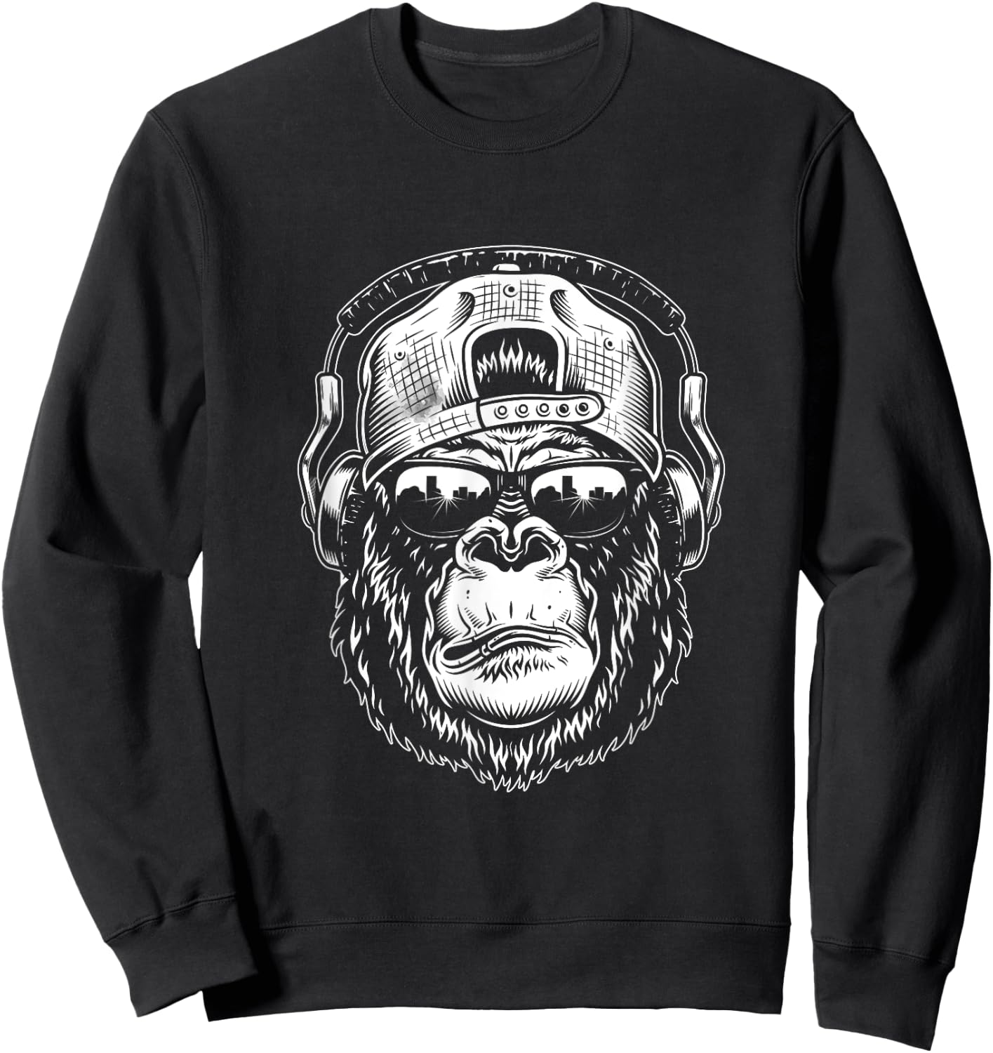 Monkey Cool Chimpanzee Sunglasses Headphones Sweatshirt - Sweatshirt | Black
