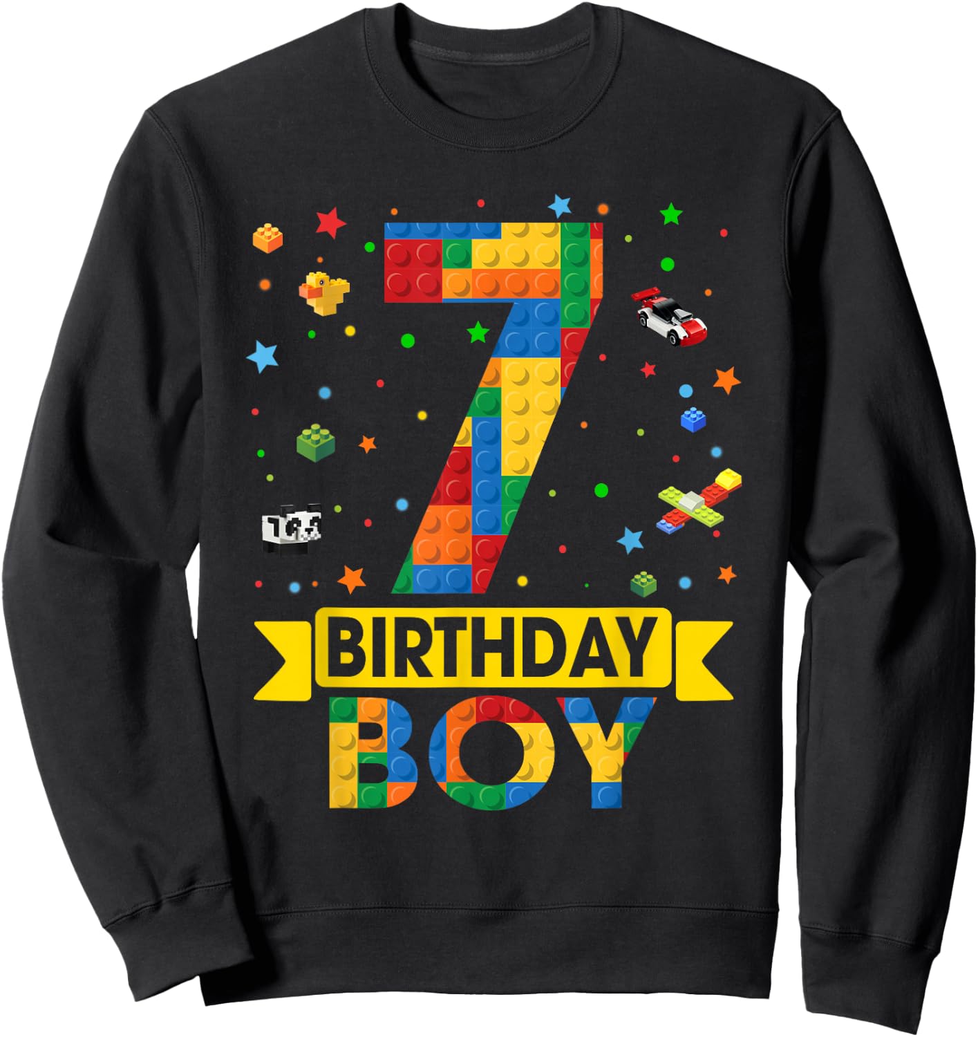 Kids Funny 7 Year Old Building Blocks 7th Birthday Boy Sweatshirt - Sweatshirt | Black