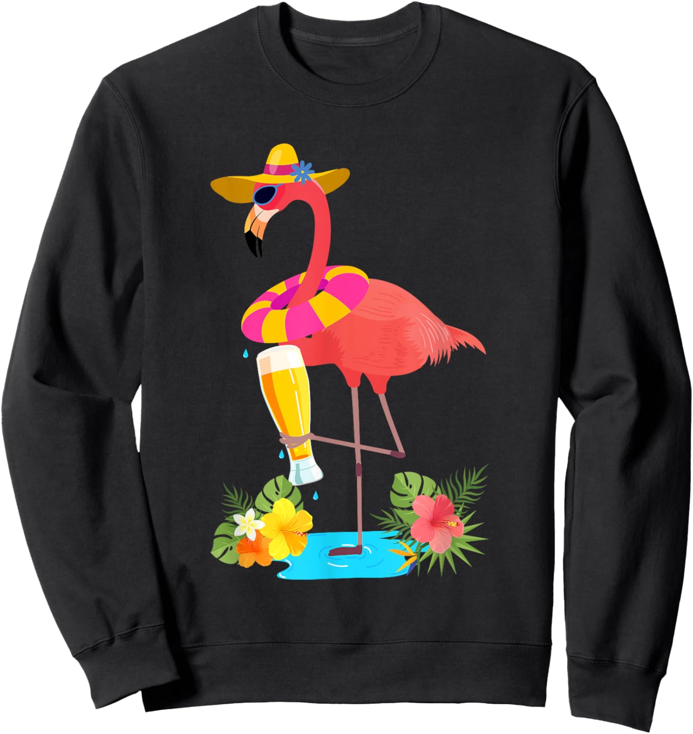 Pink Flamingo Drinking Beer Summer Vacation Beer Lover Sweatshirt - Sweatshirt | Black