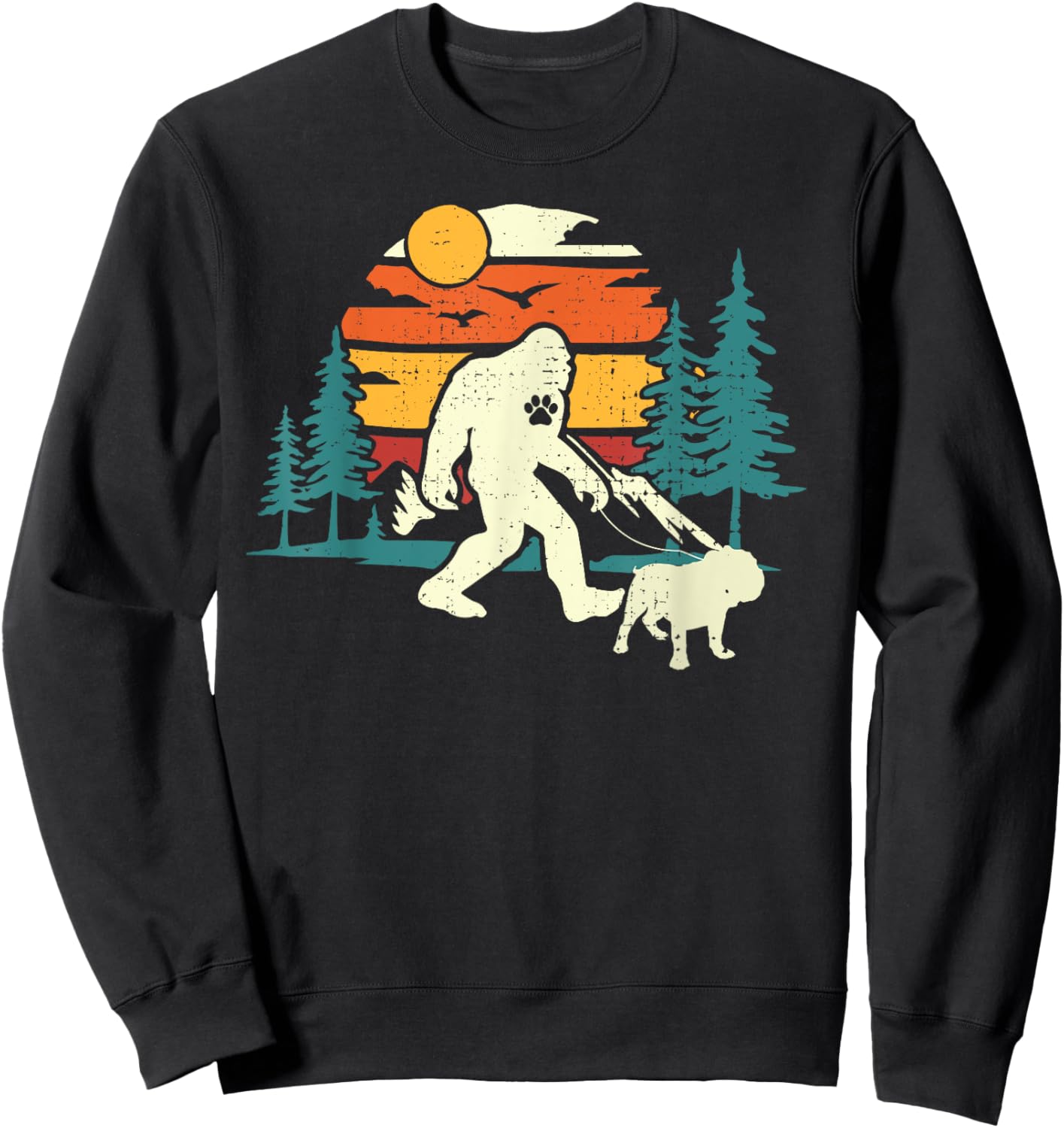 Retro Bigfoot Walking English Bulldog Dog Walker Sasquatch Men Women Girls Kids Sweatshirt - Sweatshirt | Black