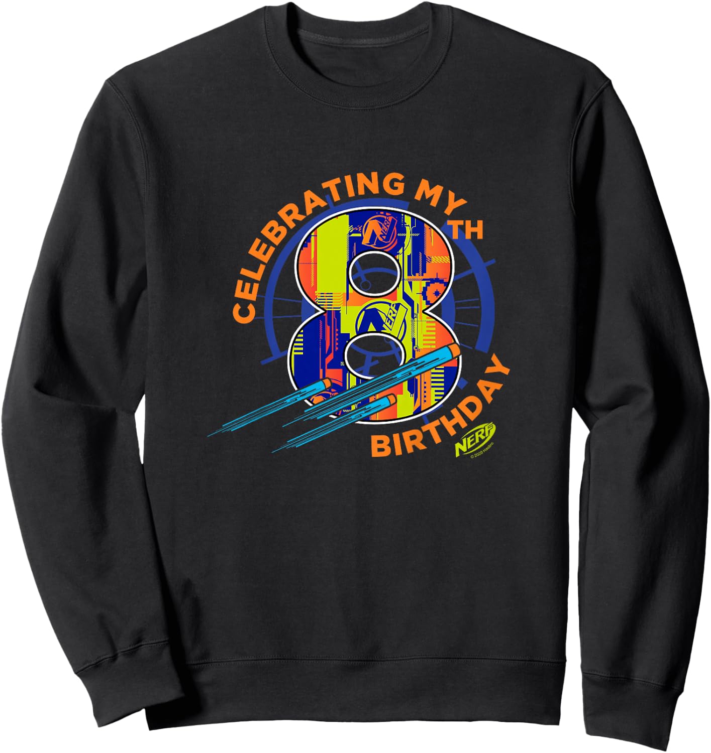 Kids Nerf Birthday Celebrating My 8th Birthday Logo Sweatshirt - Sweatshirt | Black