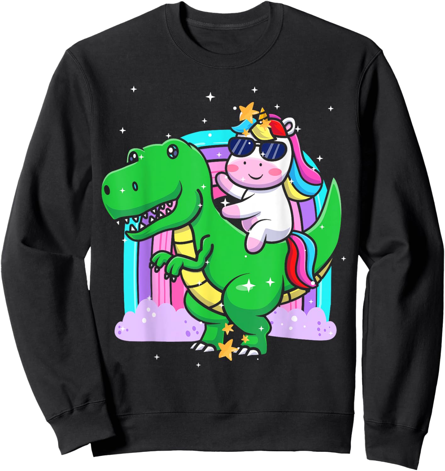 Unicorn Riding T Rex Dinosaur Boys Girls Men Women Rainbow Sweatshirt - Sweatshirt | Black
