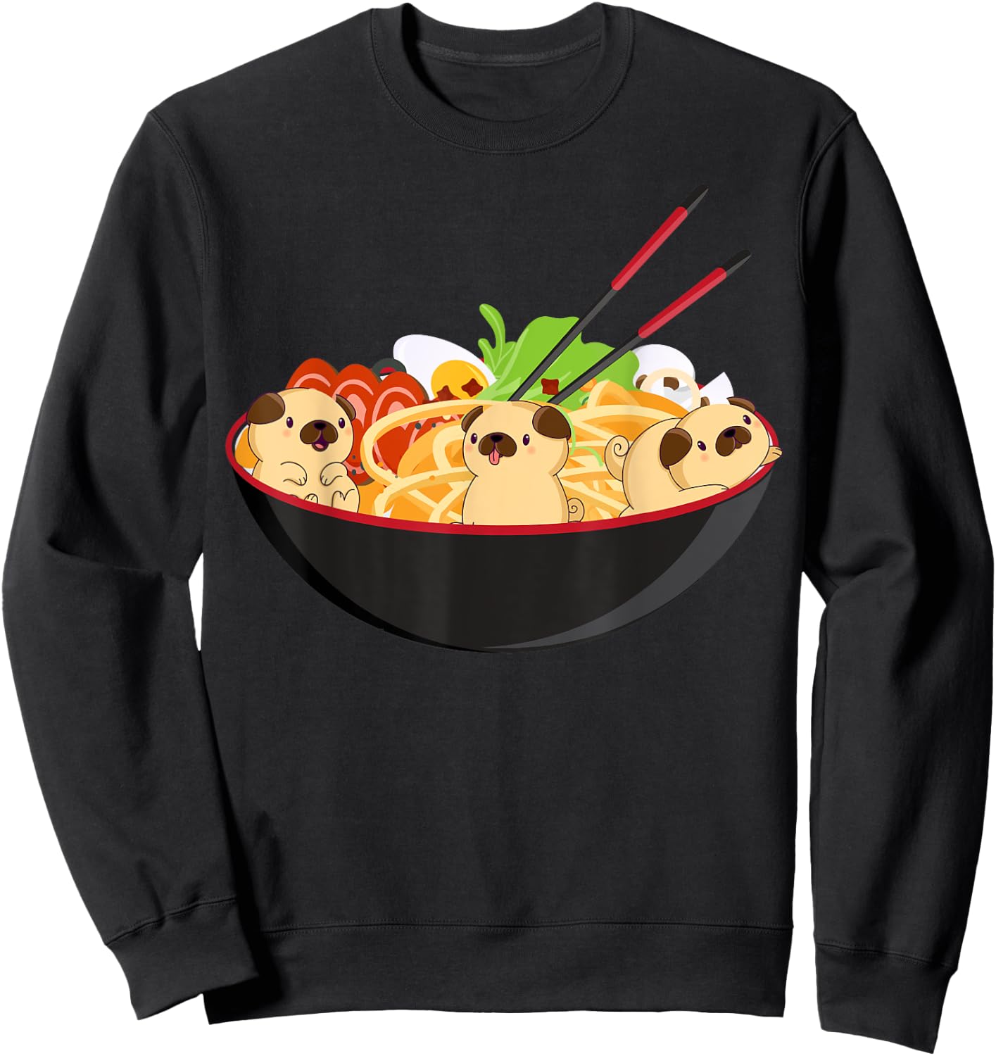 Cute Pug & Ramen Kawaii Anime Pug Puppy Lover Gift Sweatshirt - Sweatshirt | Black