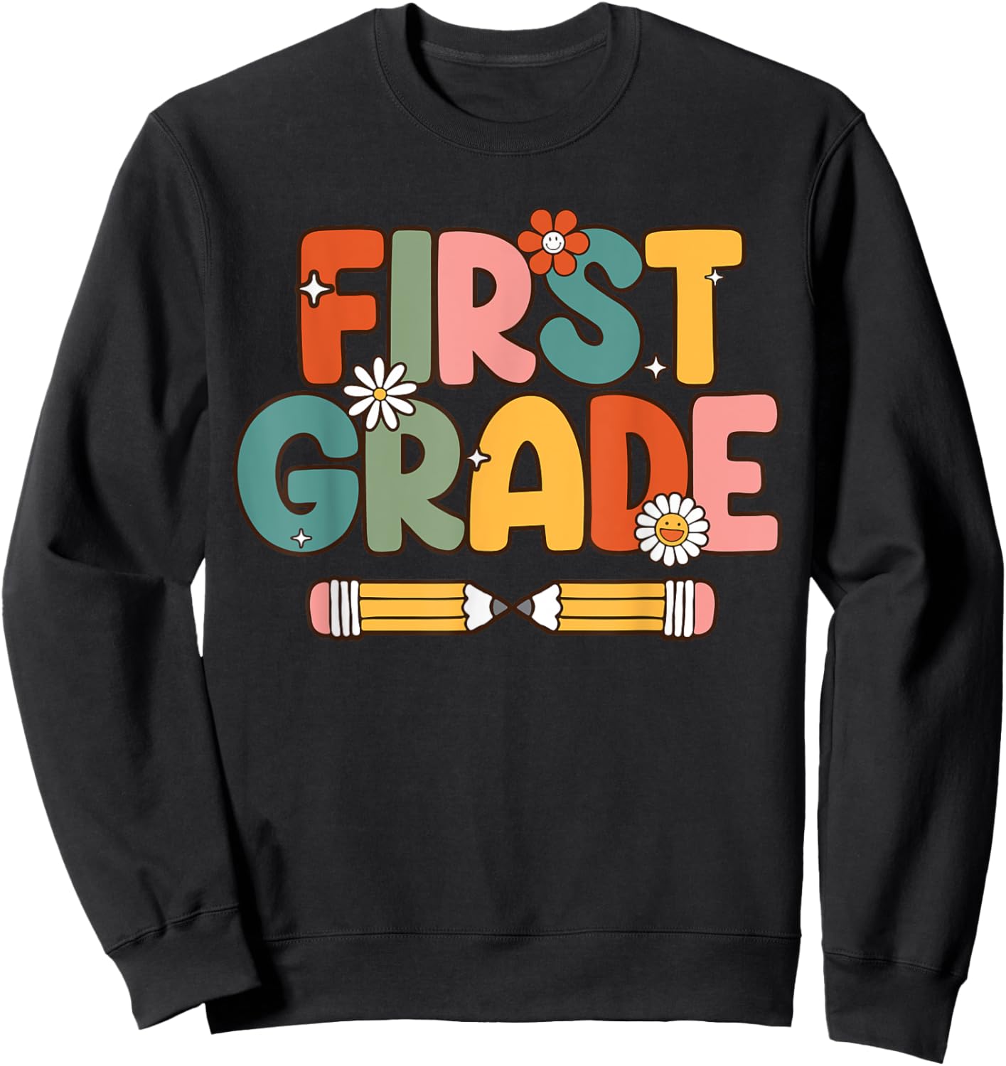 Retro Sunset First Grade Teacher & Student Back To School Men Women Sweatshirt - Sweatshirt | Black