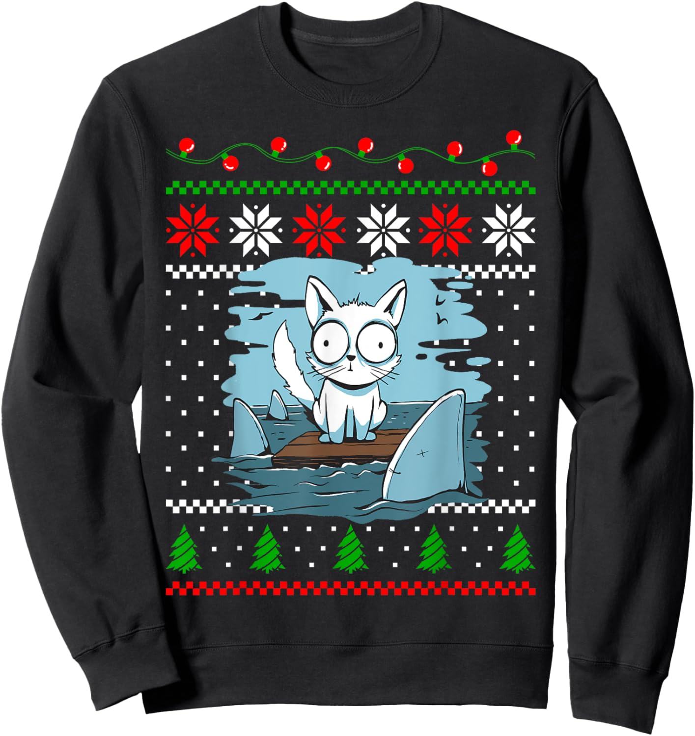 Christmas Cat Animal and Sharks Fish Funny Xmas Design Sweatshirt - Sweatshirt | Black