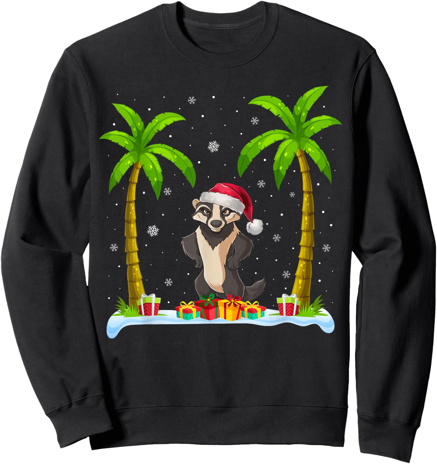 Honey Badger Santa Hat Palm Tree Beach Xmas Pajama Sweatshirt - Sweatshirt | Black