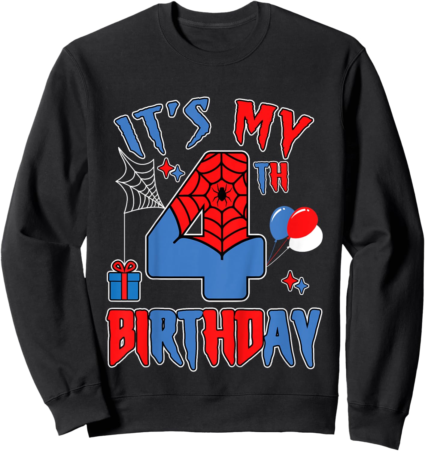 Kids 4th Birthday Spider Web Theme Party four 4 Year Bday Boy Sweatshirt - Sweatshirt | Black