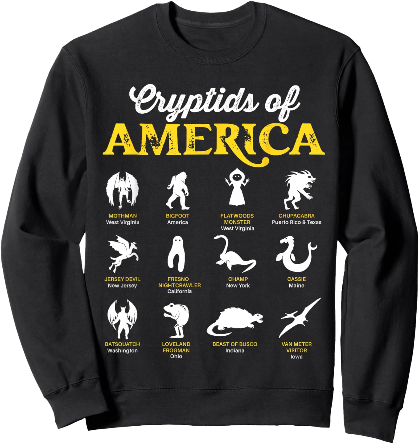 Cryptids of America Mothman Chupacabra Frogman Jersey Devil Sweatshirt - Sweatshirt | Black