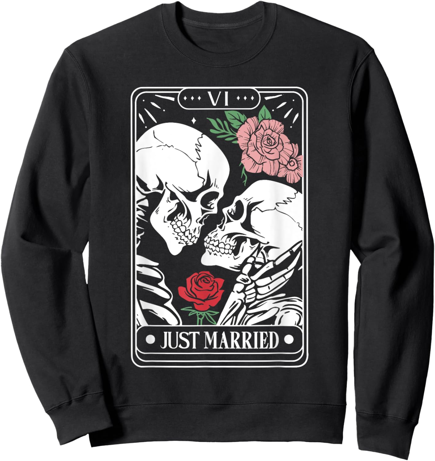 Just Married Tarot Card Halloween Skeleton Couple Matching Sweatshirt - Sweatshirt | Black