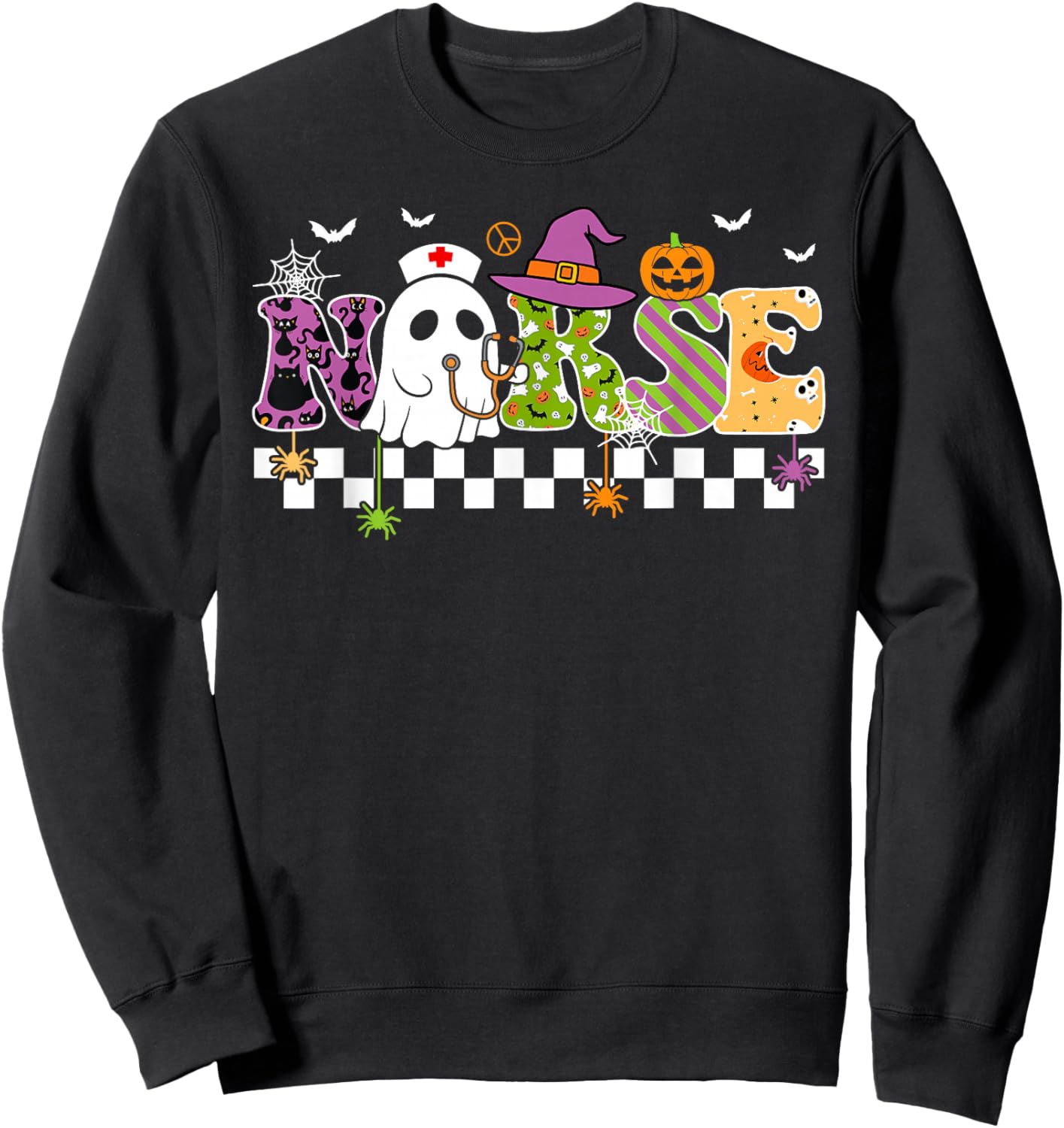 Groovy Nurse Halloween Costume Nursing Costume Scrub Top Sweatshirt - Sweatshirt | Black