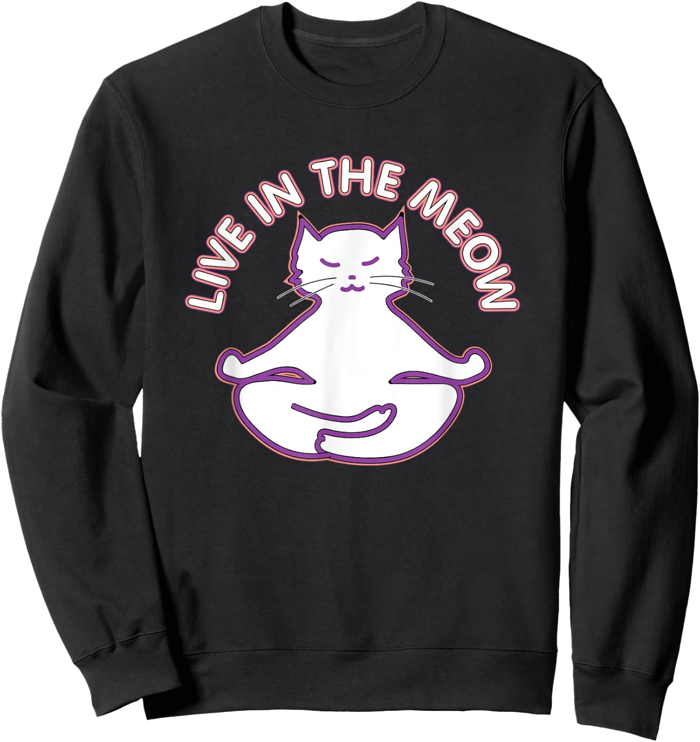 Yoga Teacher Gifts LAD Graphics Yoga Cat 'Live In The Meow' Yogi Kitty Meditation Black Women's Classic Fit Short Sleeve Sweatshirt - Sweatshirt | Black