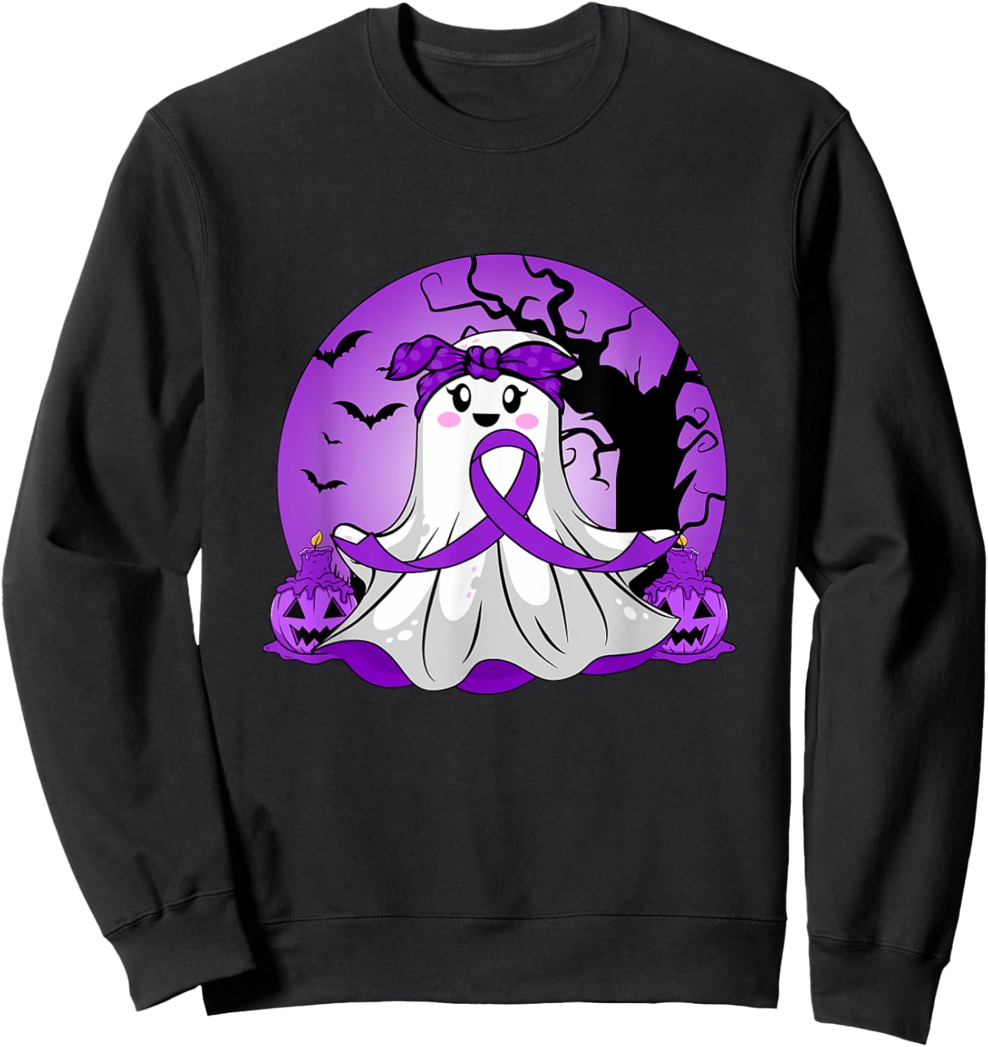 Pancreatic Cancer Halloween Ghost Purple Ribbon Awareness Sweatshirt - Sweatshirt | Black