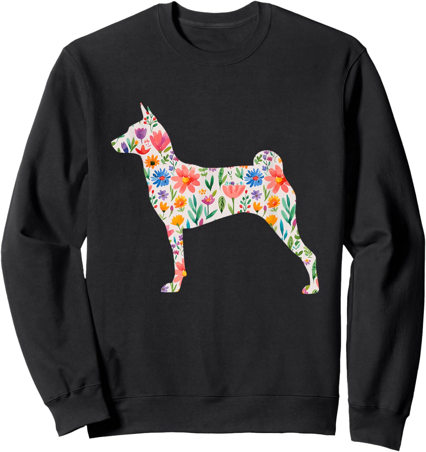 Miller Sye Basenji Dog Watercolor Flowers - Black, Small, -Adults, Short Sleeve, Classic Fit Sweatshirt - Sweatshirt | Black