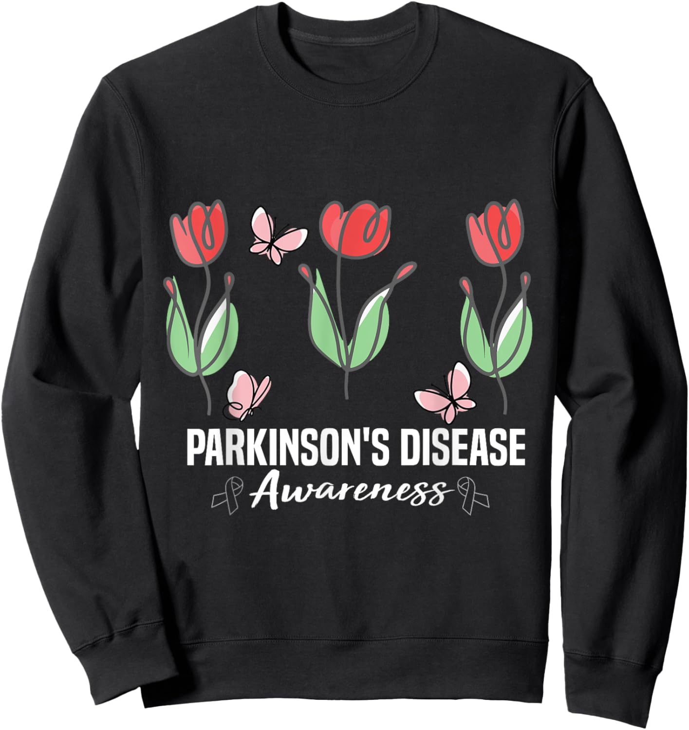 Parkinson's Disease Awareness Month Red Tulips Butterfly Sweatshirt - Sweatshirt | Black